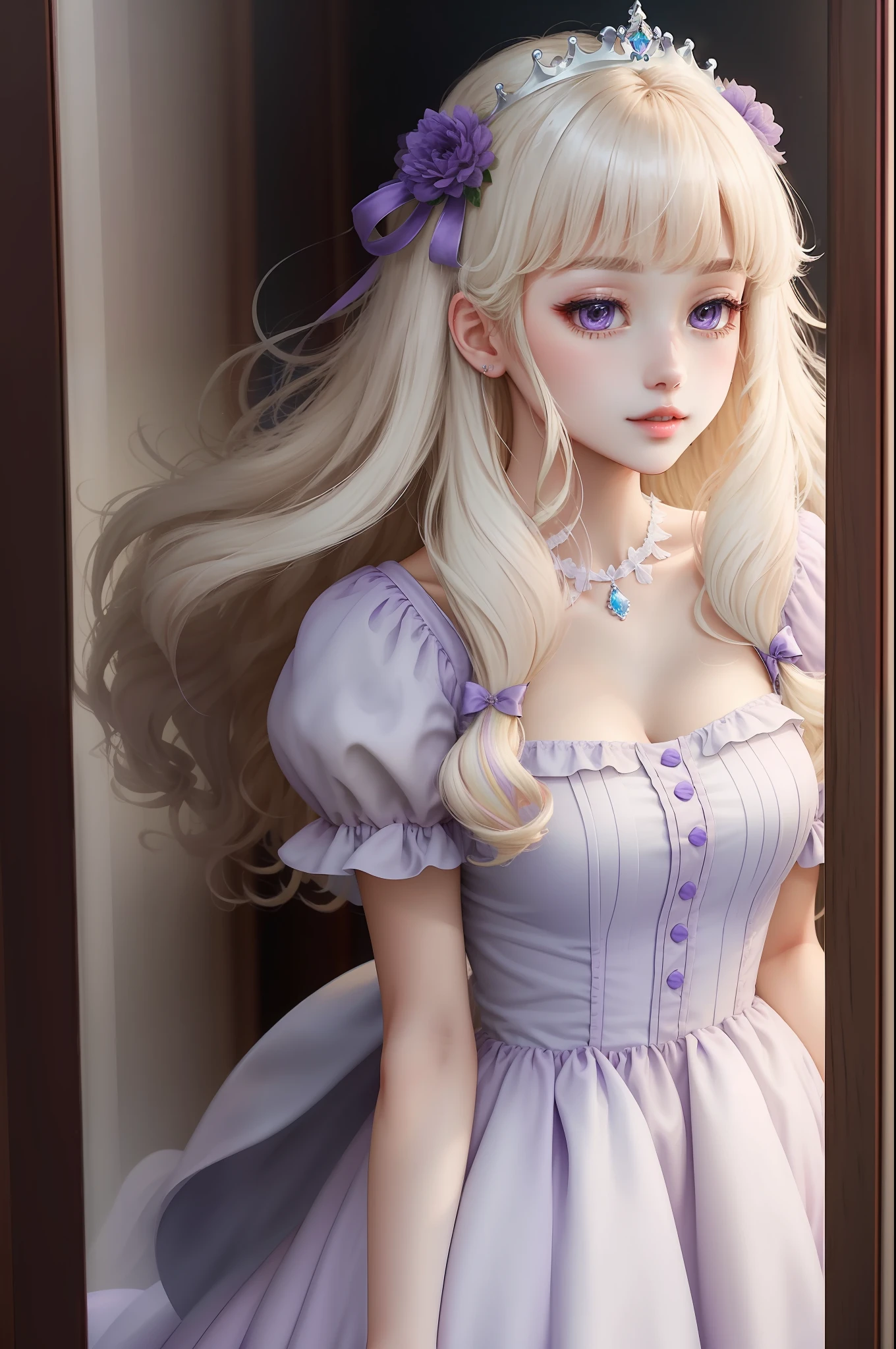 Princess　A Princess　Soft　Good style best quality(Highest Quality) , High quality(hiquality)　Soft hair purple fluffy dress blonde　corolla　The whole body is reflected A wonderful atmosphere with very delicate tones