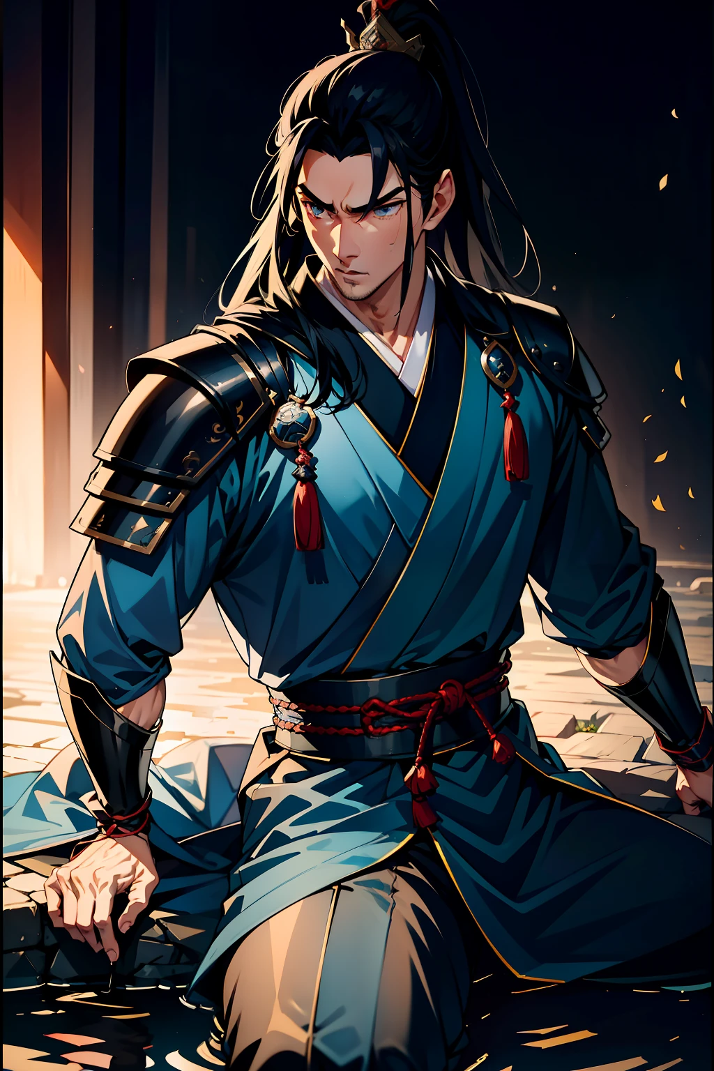 Japanese style of martial arts,Super Swordsman, sneak, Silver-trimmed black hood, eventide, Cold, Light blue eyes, At the top of the ancient city gate of the Song Dynasty, vigilante, Handsome,conservative clothing,Light silver brocade robe, Autumn leaves flutter in the air,The picture is colorful,highly details,High definition