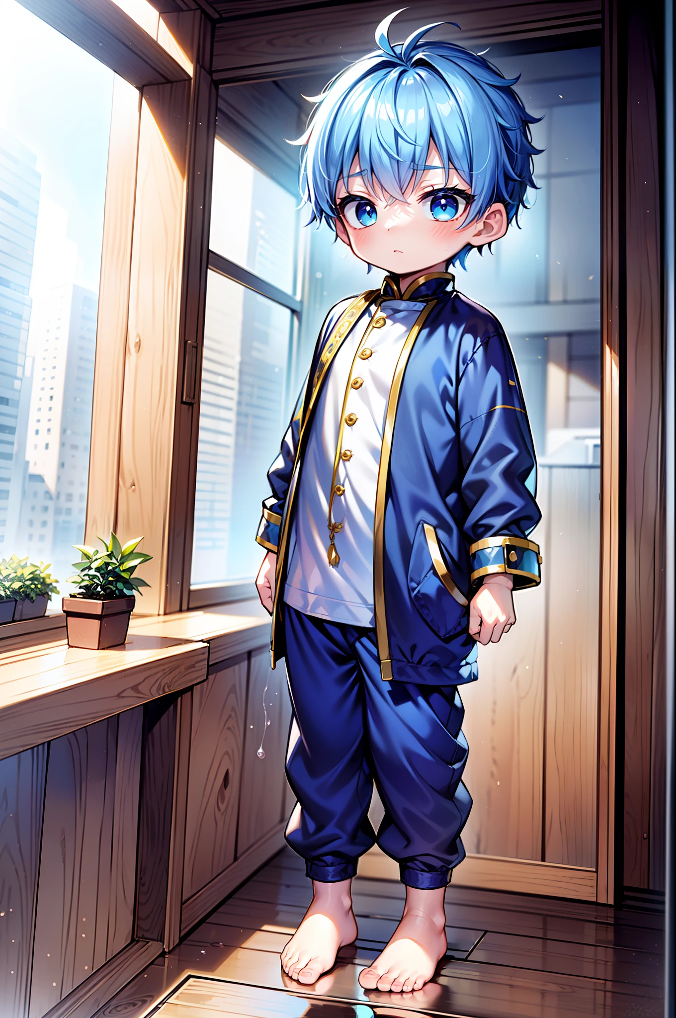 4k, (Masterpiece:1),  boy with blue colored hair and shiny, glowing cyan eyes and barefoot, standing on field, epic, cinematic, young, boy, child,l, toddtiny fe, focus on feet, feet, blushing, (Young:1.4), (Child:1.4), (Shota:1.4), (male:1.4), (boy:1.4), (divine clothes:1.4), (epic:1.4), (posing:1.4), (cinematic:1.4),