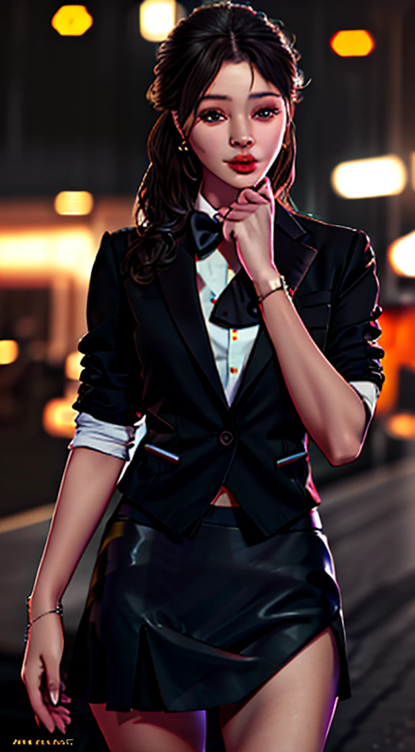 best quality, masterpiece, 1girl, Beautiful face, (photo realistic:1.3), rim lighting, (high detailed skin:1.2), 8k uhd, dslr, high quality, high resolution, 4k, 8k, Bokeh, absurdres, best ratio four finger and one thumb, (realistic:1.3), cute 1girl, wearing black formal blazer, medium breasts, short skirt,