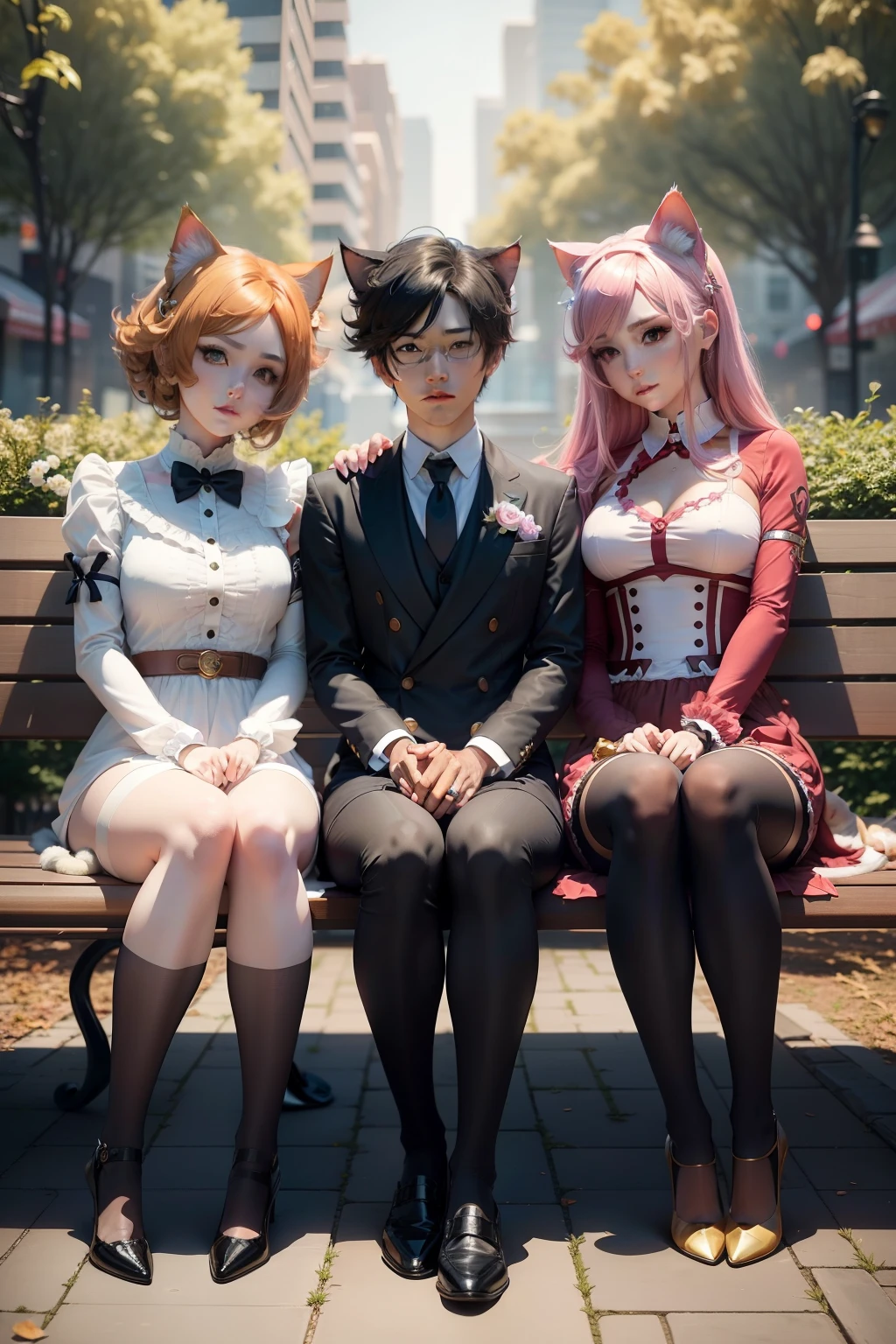 Three people with a cat are sitting on a bench, Full Cosplay, Anime Cosplay, Professional Cosplay, Cosplay, Catboy Cosplay! virgo! dress, Realistic cosplay, Promotional cosplay, Vlop and Sakimichan, A work of art in the style of Guwayza, God of cats, Masayoshi Suto and Artgerm, Photos of cosplay, cats