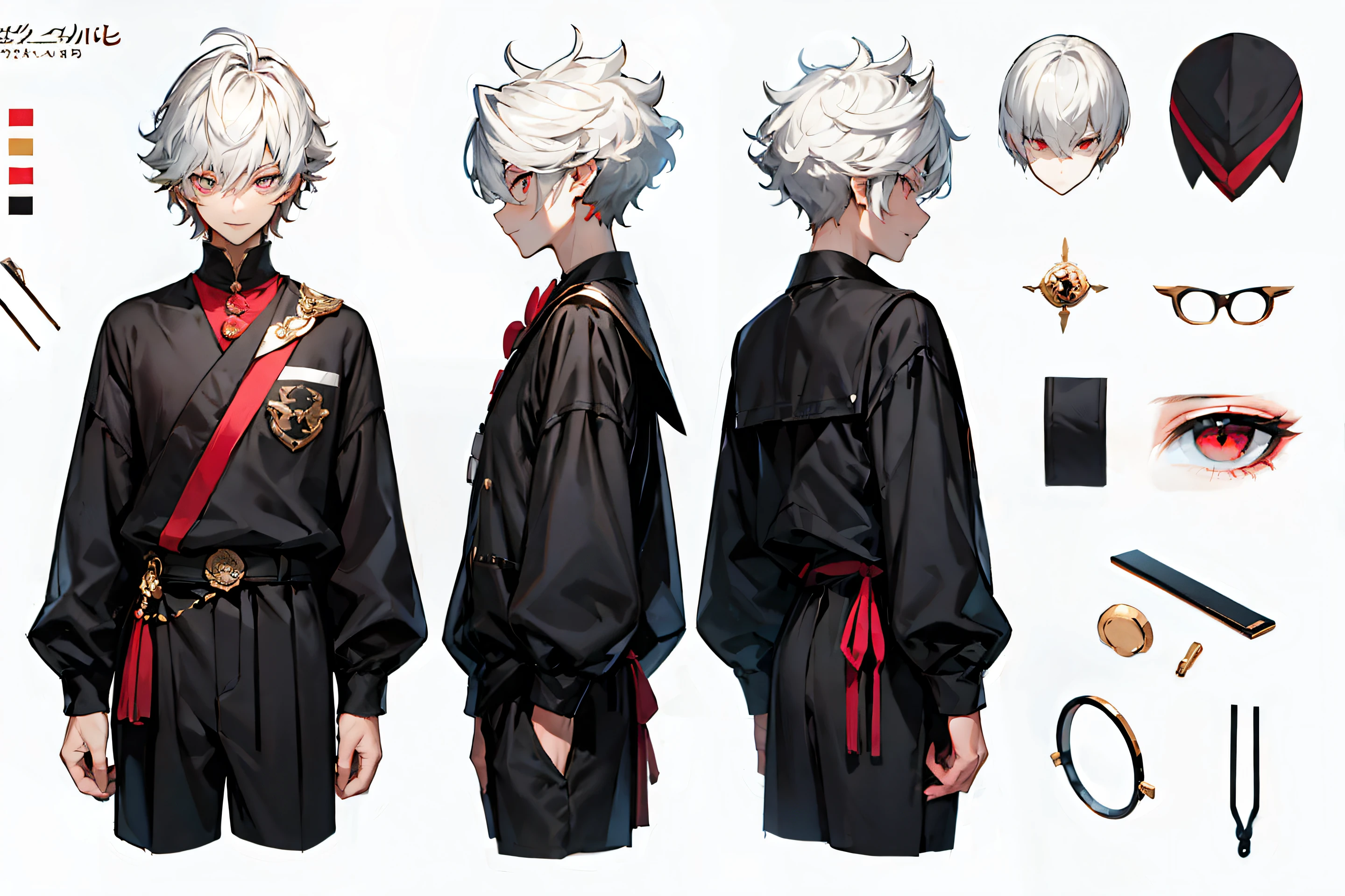 ((masterpiece)),(((best quality))),(character design sheet,same character,front,side,back), Reference sheet of a cute boy, short white hair, red eyes, smiling, black sailor outfit with short shorts, red rose as accessory, detailed face, detailed hair, (simple background, white background: 1.3)