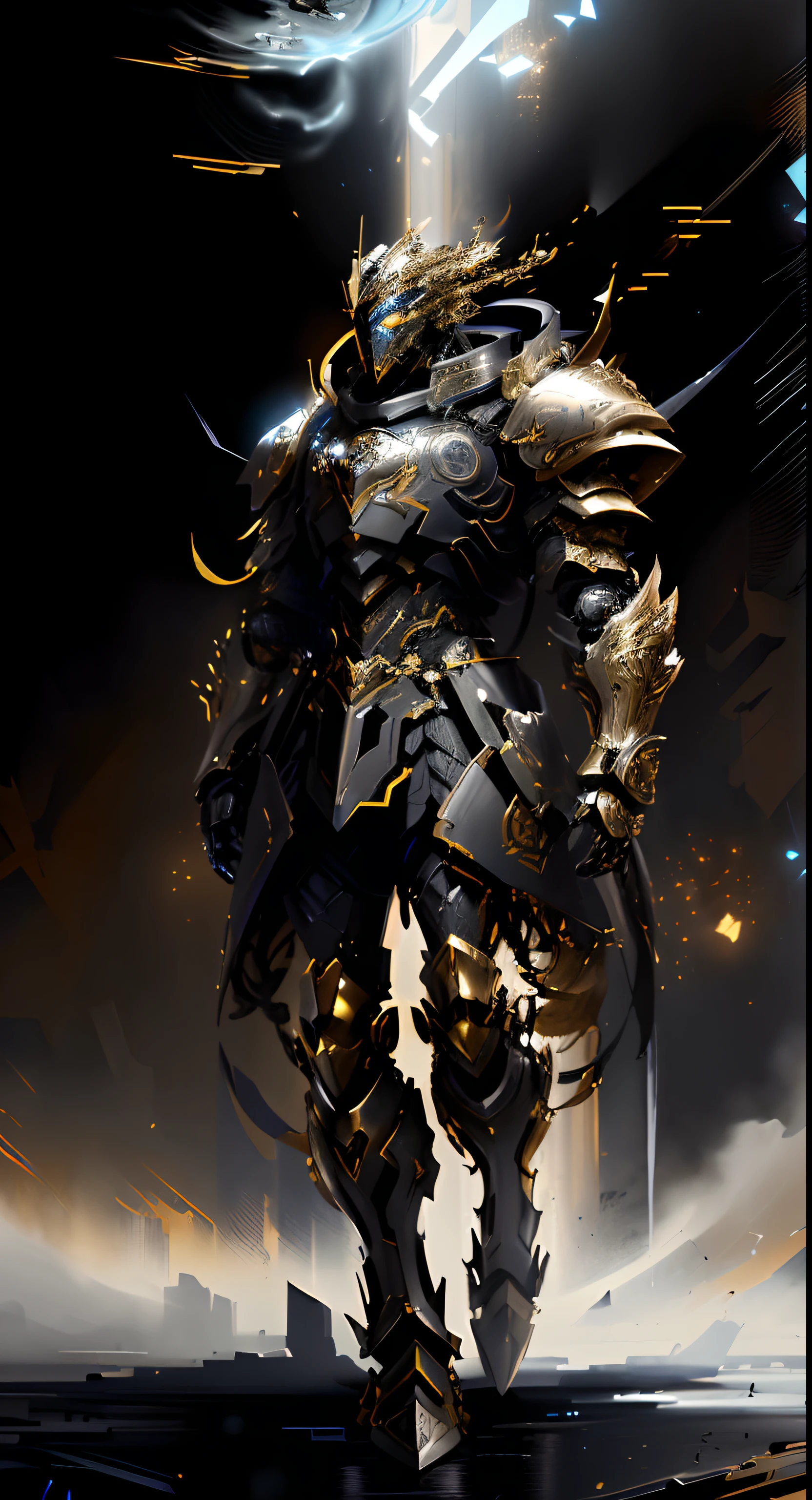 There is a digital drawing of a big-headed robot, gold heavy armor. Dramatic, benedick bana, Stunning armor, Epic Paladin armor, heavy fantasy armor, Fantasy armor, style of raymond swanland, Beautiful armor, Dark Armor, armored warrior, black and golden armor, intricate ornate armor, Fantasy warrior in full armor, intricate armor, warrior platinum armor
