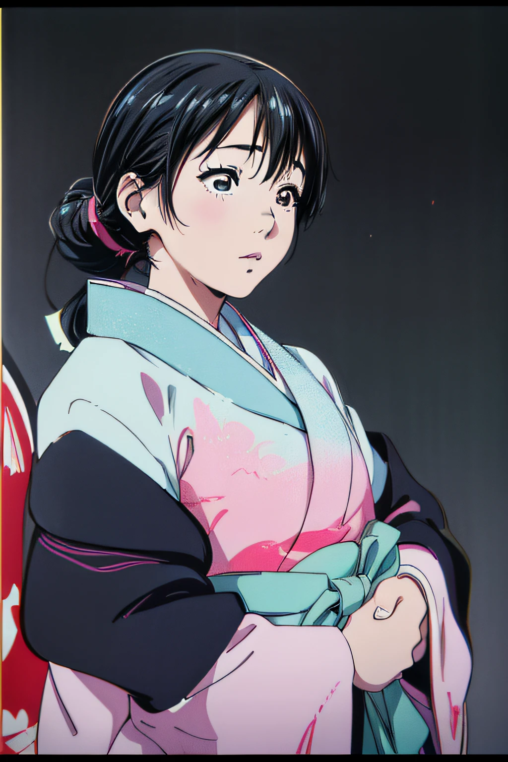 jpn_hi-school girl、Kimono,ink art、((top-quality、8K、​masterpiece:1.3))、(Clear focus:1.2)、(comic book style),(Pop),(linear art_Anime)、(PastelColors:1.2),((monotone_High Contrast Art:1.2))、flat chest、(the complex background:1.2),(Lola:add more details:1.2)、sharp outline、sharp lineart、Old Japan cityscape background