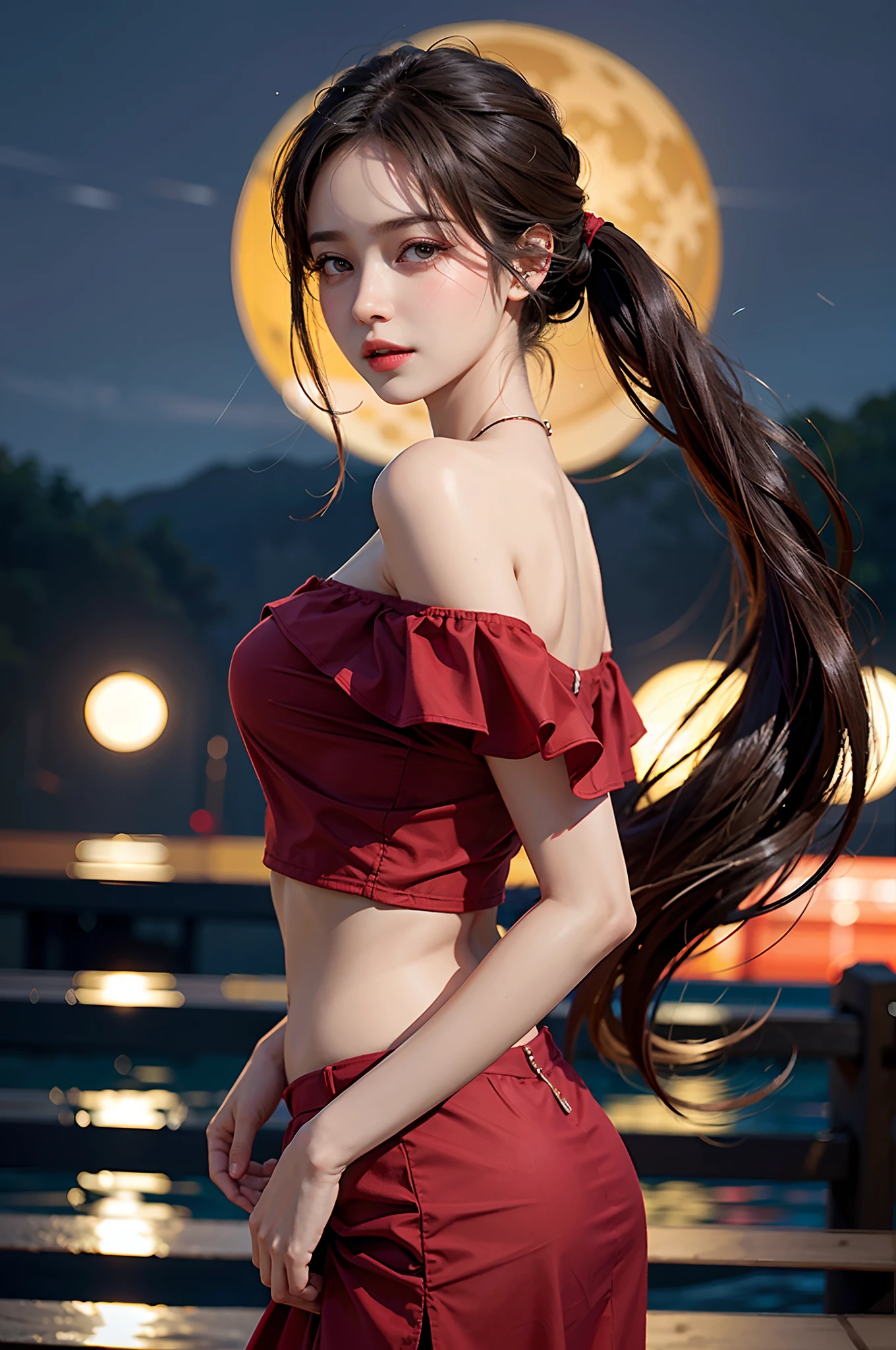 best qualtiy,sface focus,Look at the audience head-on,the soft light,(depth of fields),超高分辨率,(Photorealsitic:1.4),RAW photos,Bigchest,Red clothes,Open navel,Bare shoulders,By bangs,Long ponytail hairstyle,(sportrait:1.4),(From the front side)1girll,独奏,adolable,(Shy,ssmile:1.1),(with brown eye),Detailed beautiful face,(mid day_Hair), moon in the night,Walk,(off-the-shoulder shirts),