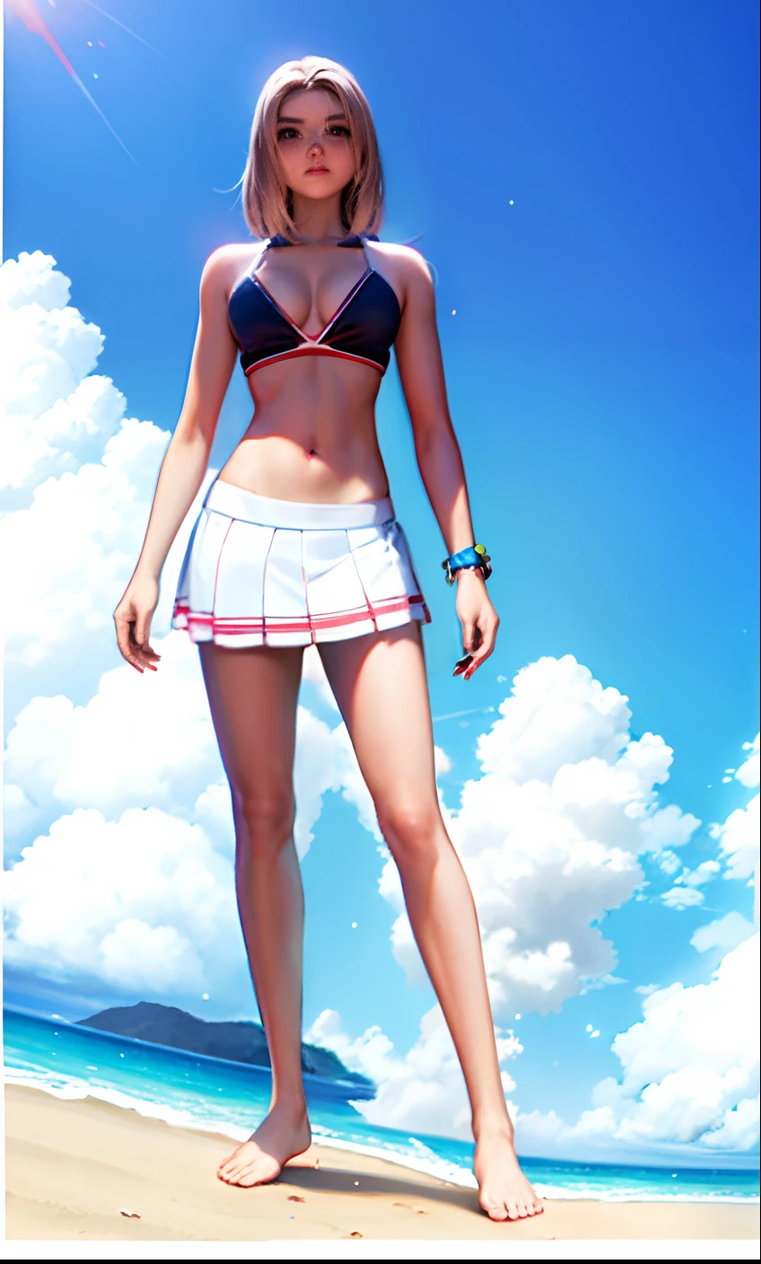 Cartoons of a woman in a bikini and tennis skirt, traje: sbikini, is wearing a swimsuit, roupa feminina, anime vtuber modelo de corpo inteiro, Estilo de pista Azur, s estilo linha de frente, Realistic bikini, design de roupa clara, white skirt and barechest, usando uma regata e saia, meu vestido queridinho anime, detalhes finos. meninainha de frente
