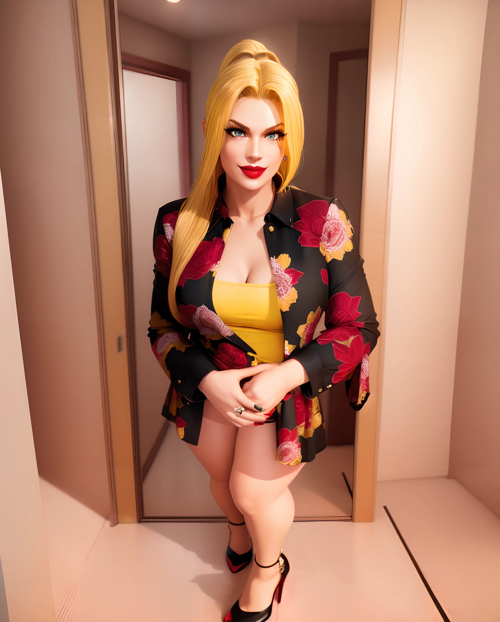 Girl, smile, red lips, sexy pose, sexy body, beautiful girl, long hair, yellow hair colors, realistic, full body