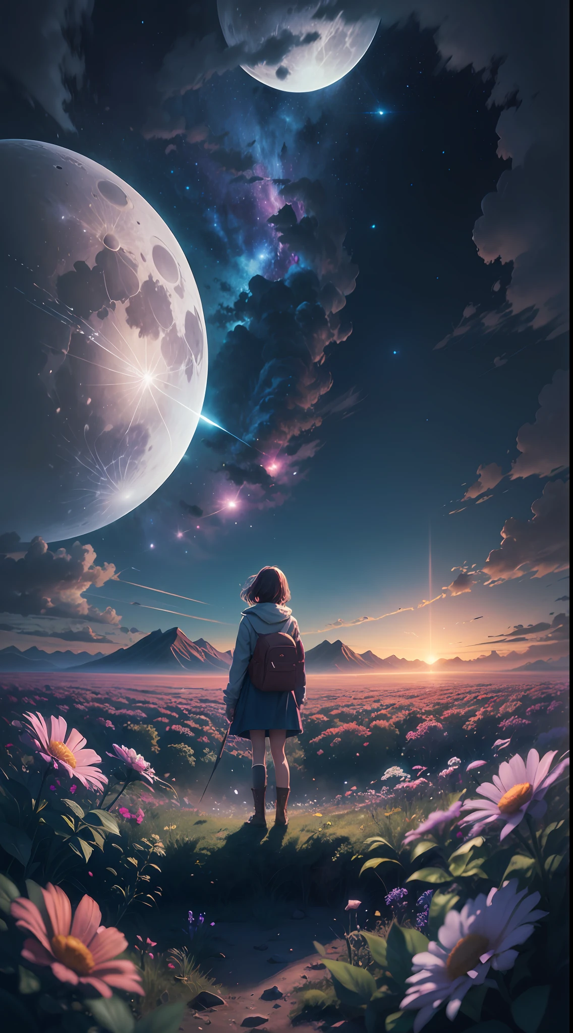 A wide landscape photo, (viewed from below, the sky is above, and the open field is below), a girl standing on a flower field looking up, (full moon: 1.2), (meteor: 0.9), (nebula: 1.3), distant mountains , Trees BREAK Crafting Art, (Warm Light: 1.2), (Firefly: 1.2), Lights, Lots of Purple and Orange, Intricate Details, Volumetric Lighting BREAK (Masterpiece: 1.2), (Best Quality), 4k, Ultra Detailed, (Dynamic Composition: 1.4), Rich in Detail and Color, (Rainbow Color: 1.2), (Glow, Atmospheric Lighting), Dreamy, Magical, (Solo: 1.2)