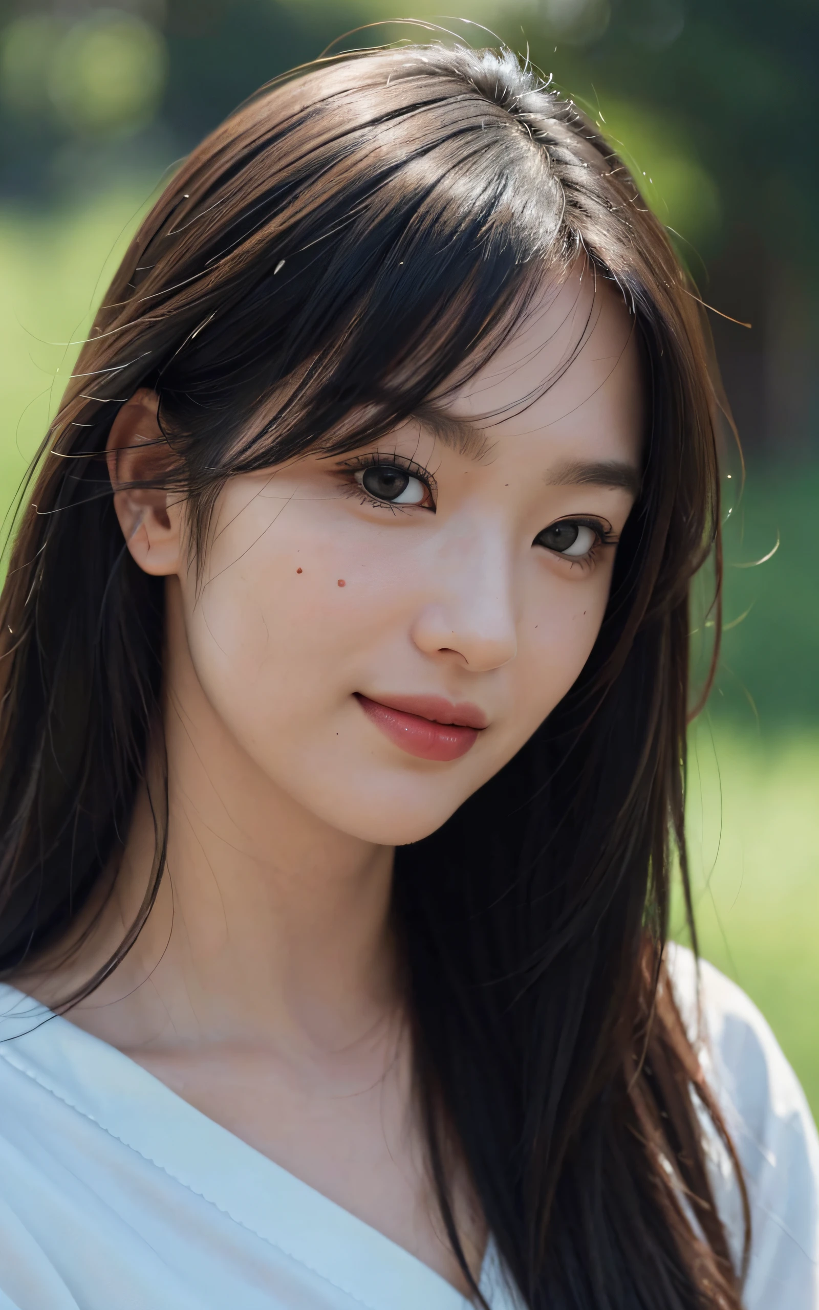 Masterpiece, best picture quality, high quality, beautiful woman, Japanese, detailed, swollen eyes, detailed eyes, detailed skin, beautiful skin, ultra high resolution, (reality: 1.4),very beautiful, slightly younger face, beautiful skin, slender, (ultra realistic), (illustration), (high resolution), (8K), (very detailed) (best illustration), (beautifully detailed eyes), (super detailed), (wallpaper), (detailed face), looking at viewer, fine details, detailed face, smiling, looking straight ahead, looking straight ahead, angle from waist up, realistic photo, bright lighting, professional lighting, black hair (some of hair part green), long hair, mature woman, long stylish bangs,