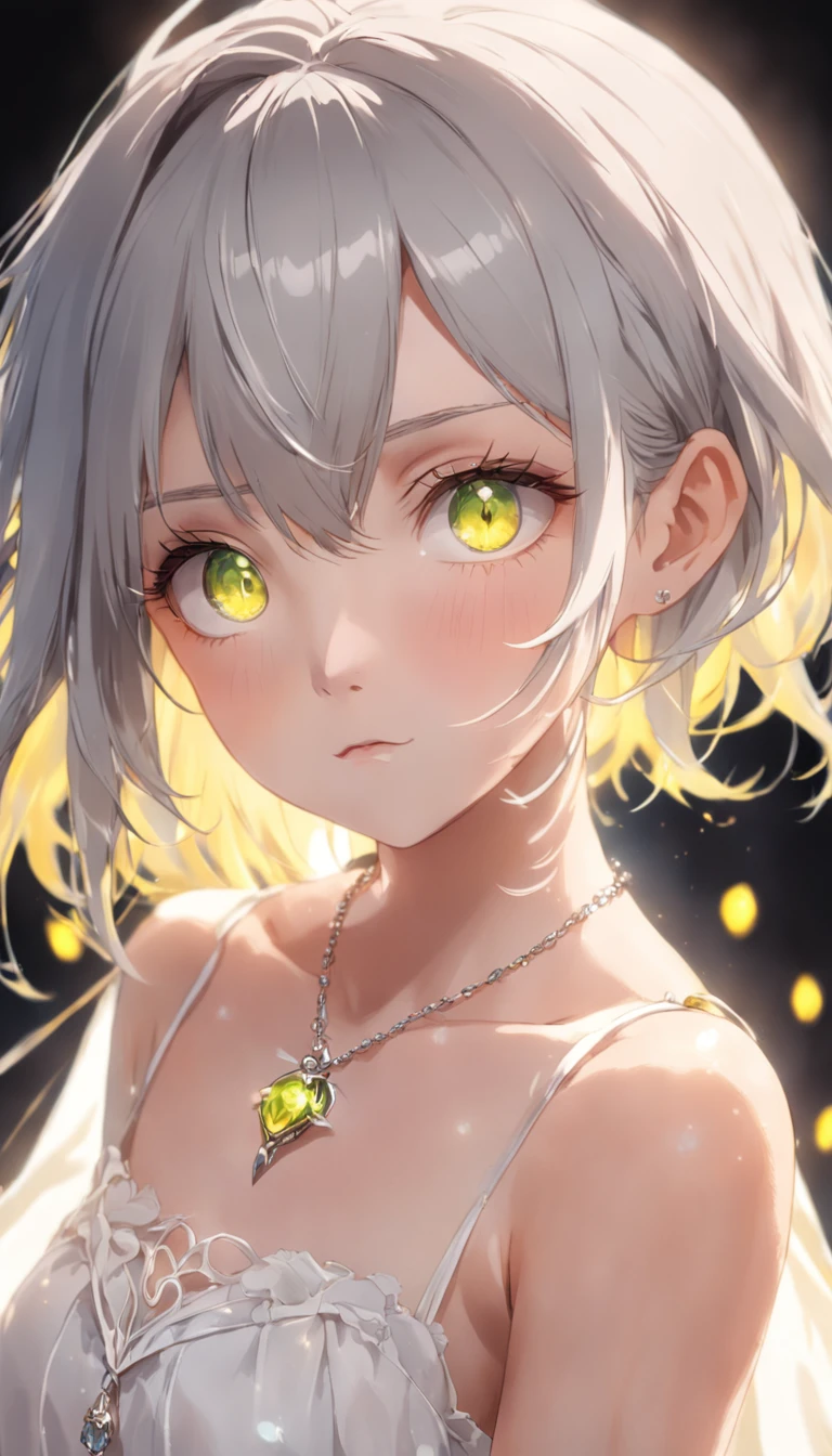 lime yellow, platinum earrings, platinum necklace, white dress, 1girl, cute, (dynamic lighting:1.2), cinematic lighting, delicate facial features, detailed eyes, sharp pupils, realistic pupils, depth of field, bokeh, sharp focus, (hyper-detailed, bloom, glow:1.4), many small gems