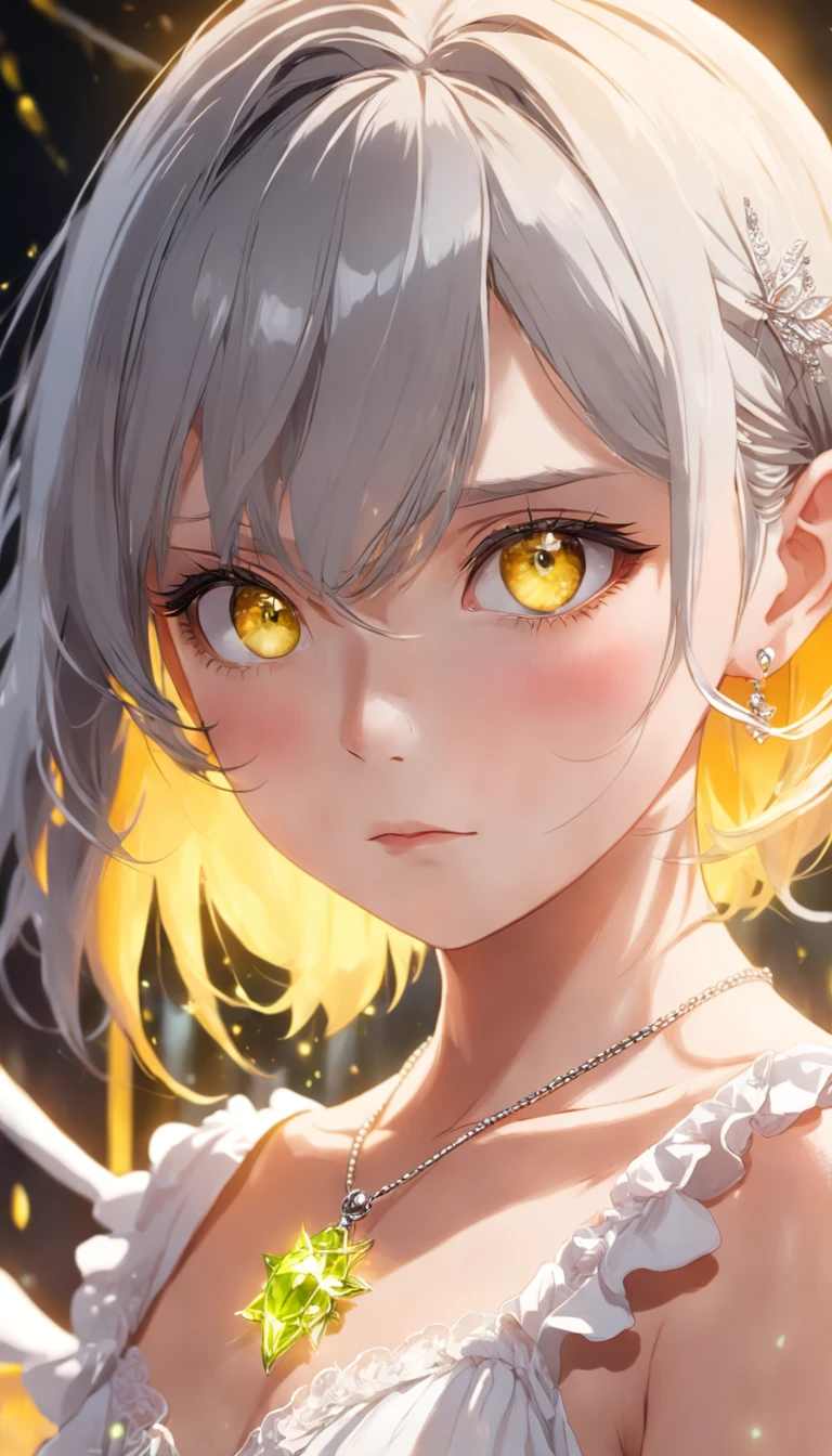 lime yellow, platinum earrings, platinum necklace, white dress, 1girl, cute, (dynamic lighting:1.2), cinematic lighting, delicate facial features, detailed eyes, sharp pupils, realistic pupils, depth of field, bokeh, sharp focus, (hyper-detailed, bloom, glow:1.4), many small gems