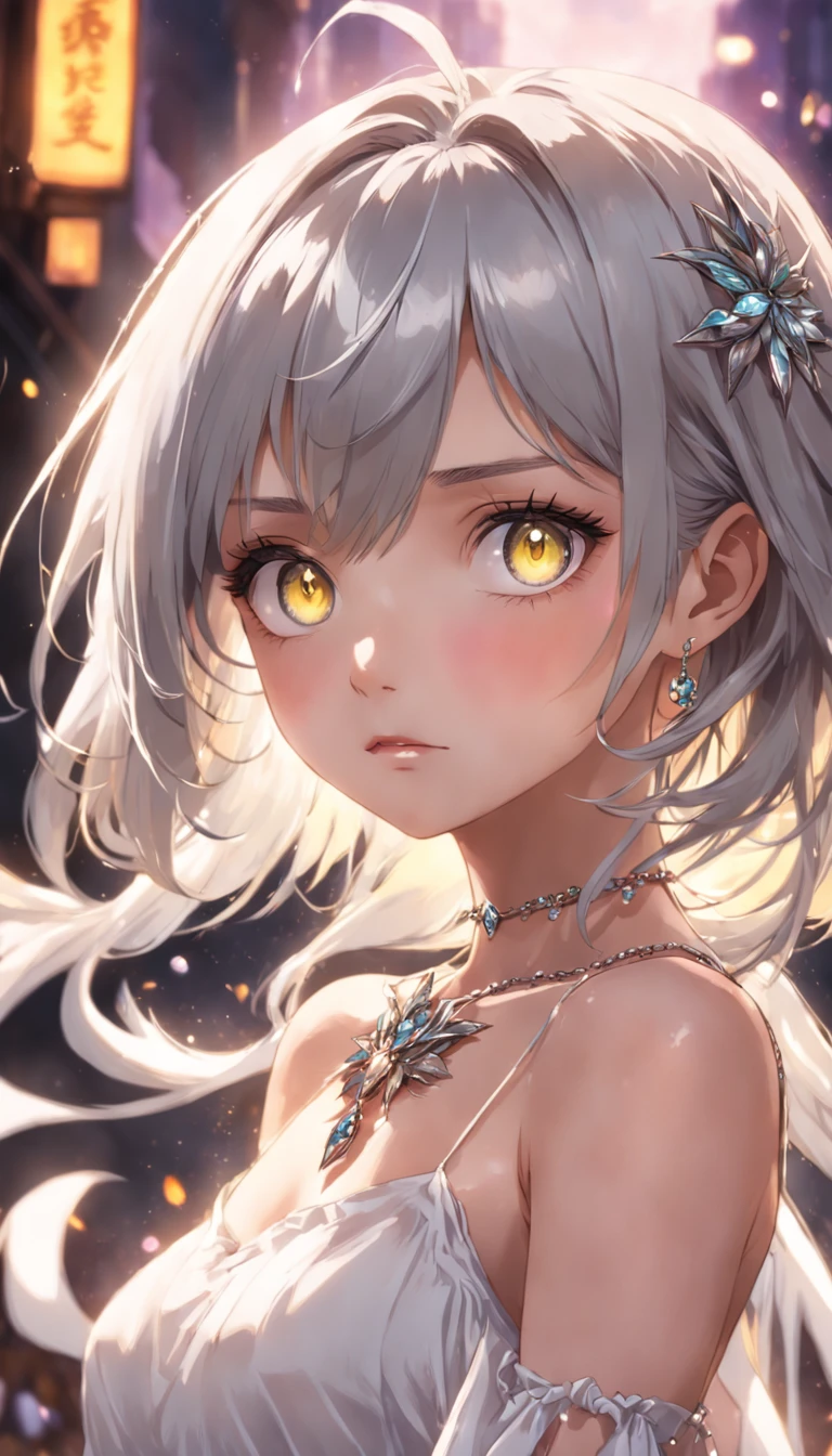 lime yellow, platinum earrings, platinum necklace, white dress, 1girl, cute, (dynamic lighting:1.2), cinematic lighting, delicate facial features, detailed eyes, sharp pupils, realistic pupils, depth of field, bokeh, sharp focus, (hyper-detailed, bloom, glow:1.4), many small gems