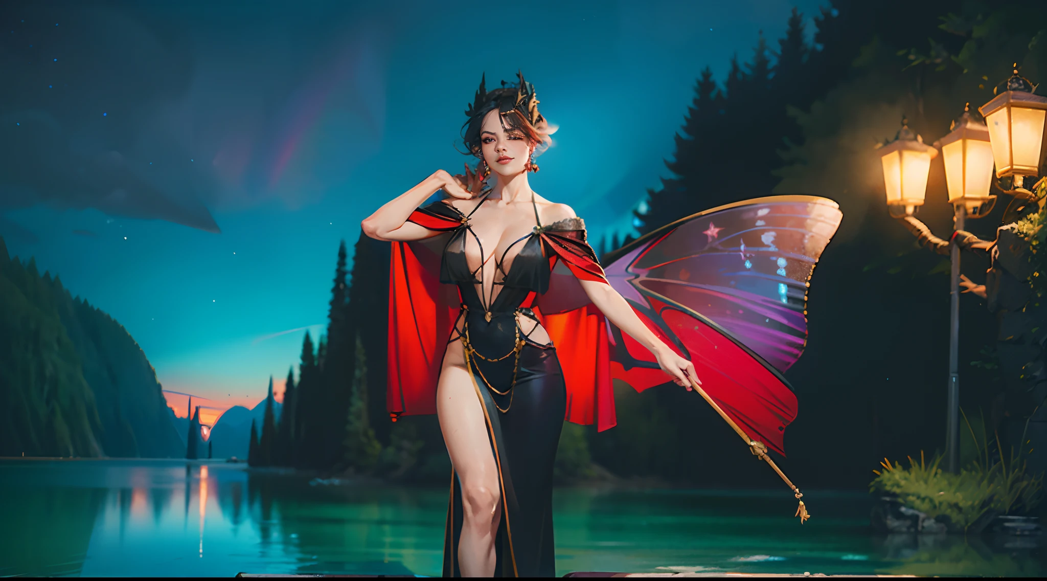 In illustrations of this super grand scene，We enjoyed a fascinating sight，Various scenarios of the multiverse come together。Beneath this intoxicating exterior，We see a mysterious vampire princess，She wore a black robe，Disheveled clothes，Graceful，Dance on the water。Her dancing magic keeps her costumes constantly changing，Blend in with the beauty of the surroundings，Add an unpredictable charm to the whole scene。The dance of the vampire princess is intoxicating，Her rainbow bat wings fluttered behind her like a flying carpet。This wing consists of different styles、colours、Made of small parts of material and style，The tail is long and beautiful。Her dance trajectory is accompanied by a glare effect of neon lights and magical stars，Blend in with your surroundings，Create a stimulating atmosphere for the senses。The vampire princess is tall，Big bang curve，Her facial features are full of seductive sexiness。Her appearances include::（Super large breasts：1.88）、Narrowing of the sternum、（Huge red eyes flashed red：1.99）、Charming face、The evil crazy smile reveals the cute little tiger teeth、Makeup、Slender neck、Beauty collarbone、Slender arms、Slender waist and abdomen、Sexy butterfly buttocks and slender long legs，Display attractive curves and lines。Use Midjourney's advanced brush tools、Color palettes and texture packs，We are the skin of the vampire princess、Costumes and bat wings give intricate textures，Added realism。Her costume and cloak are a mixture of different materials，Displays various styles，From evening dresses to princess dresses，Then there are bikinis and tulle，Creativity and fashion。The whole scene is also full of dreamy elements，The starry sky is full of futuristic technology，There are towering cities in the ground，There are long beaches and small islands on the sea，Plants and fairy tale mythological scenes are intertwined。The Vampire Princess's dance moves echo the environmental elements，Be creative。Powerful tools halfway，We approached it in incredible detail，Bring this gra