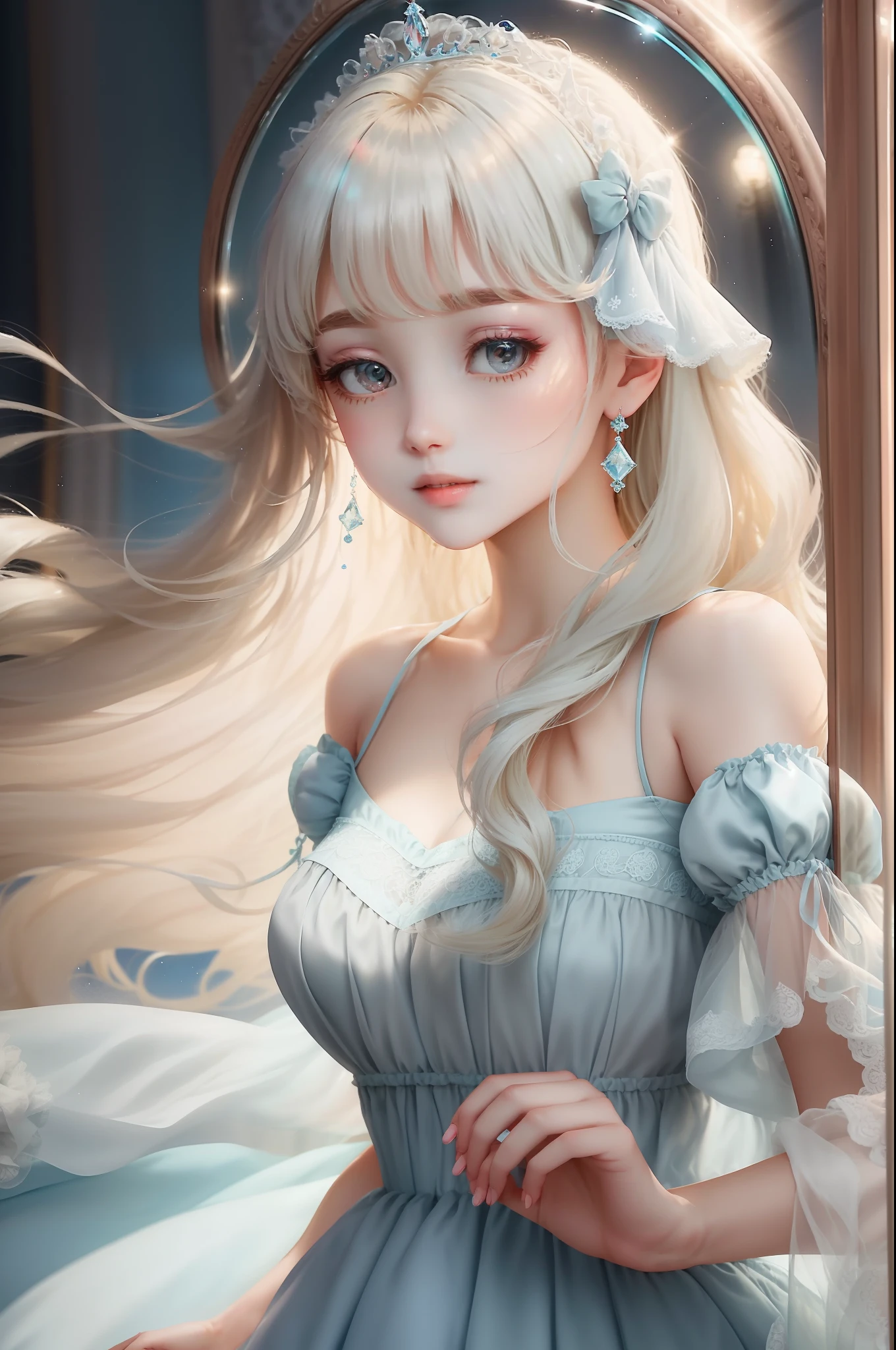 Princess　A Princess　Soft　Good style best quality(Highest Quality) , High quality(hiquality)　soft hair　Light blue fluffy dress blonde　tiarra　The whole body is reflected A wonderful atmosphere with very delicate tones