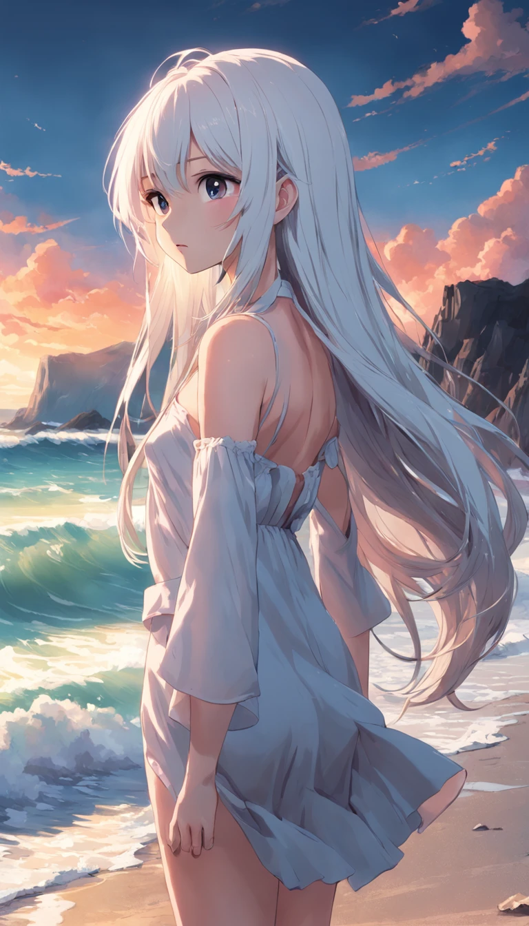 beach,look up,long white hair,full body, dark