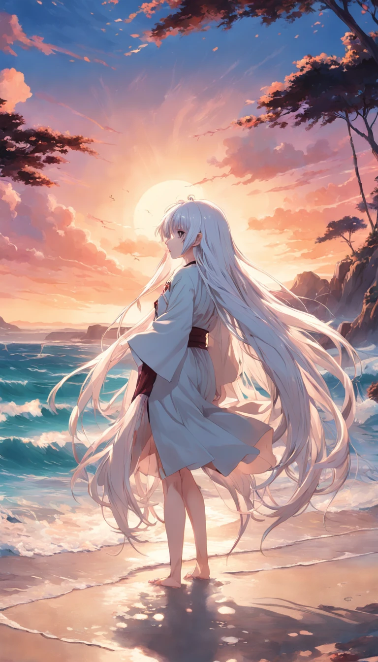 beach,look up,long white hair,full body, dark