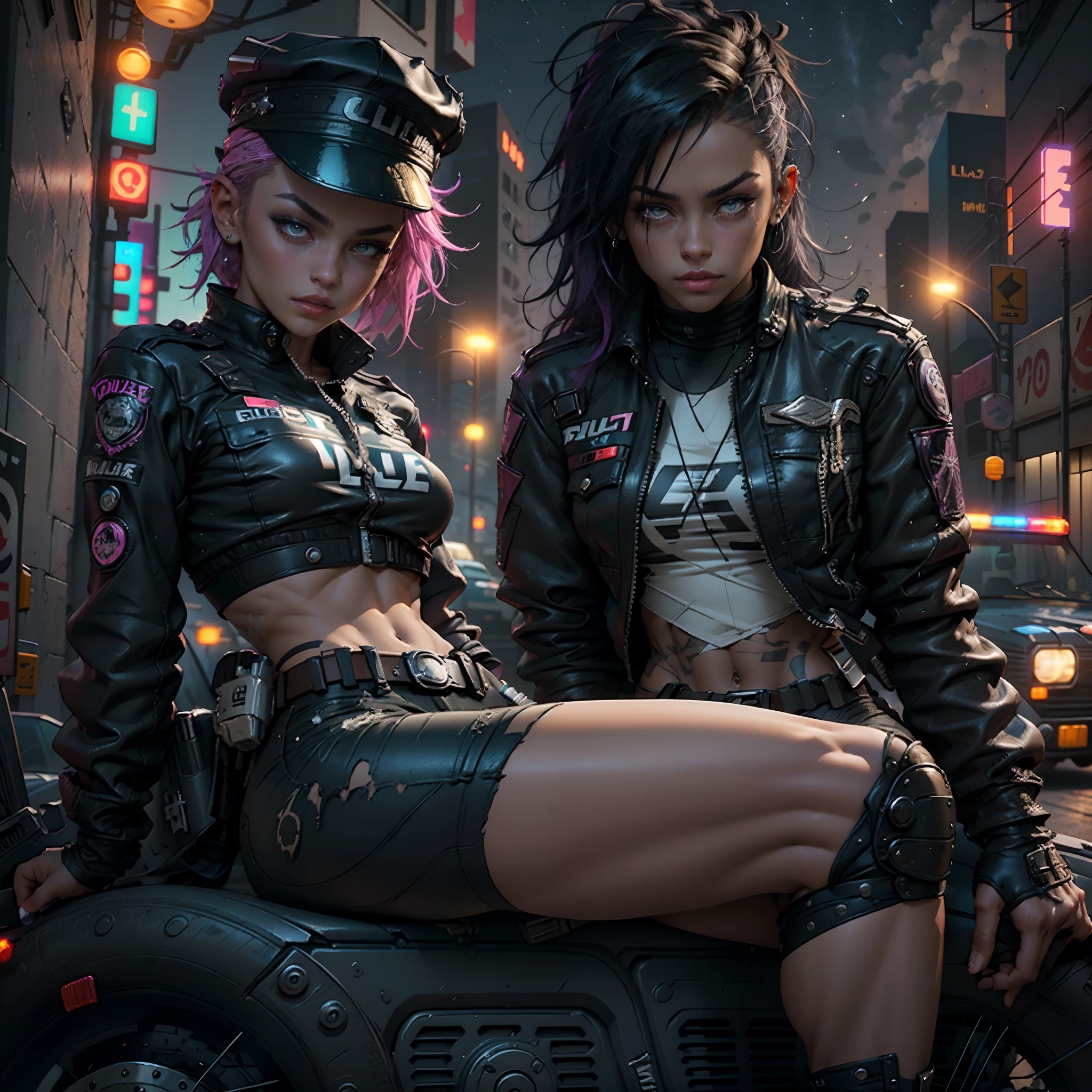 Beautiful woman 1female with punk hair style in a police cap, Short sexzy police clothes in the style of cyberpunk police, Tanned dusky Skin, It looks contrasting, good anatomy, Muscles are drawn, sitting with futurasric bike full mechanism and jeep,The morning sky is overcast, in the background ((nighttime)) Colorful Neon City, wet asphalt, doodle effect