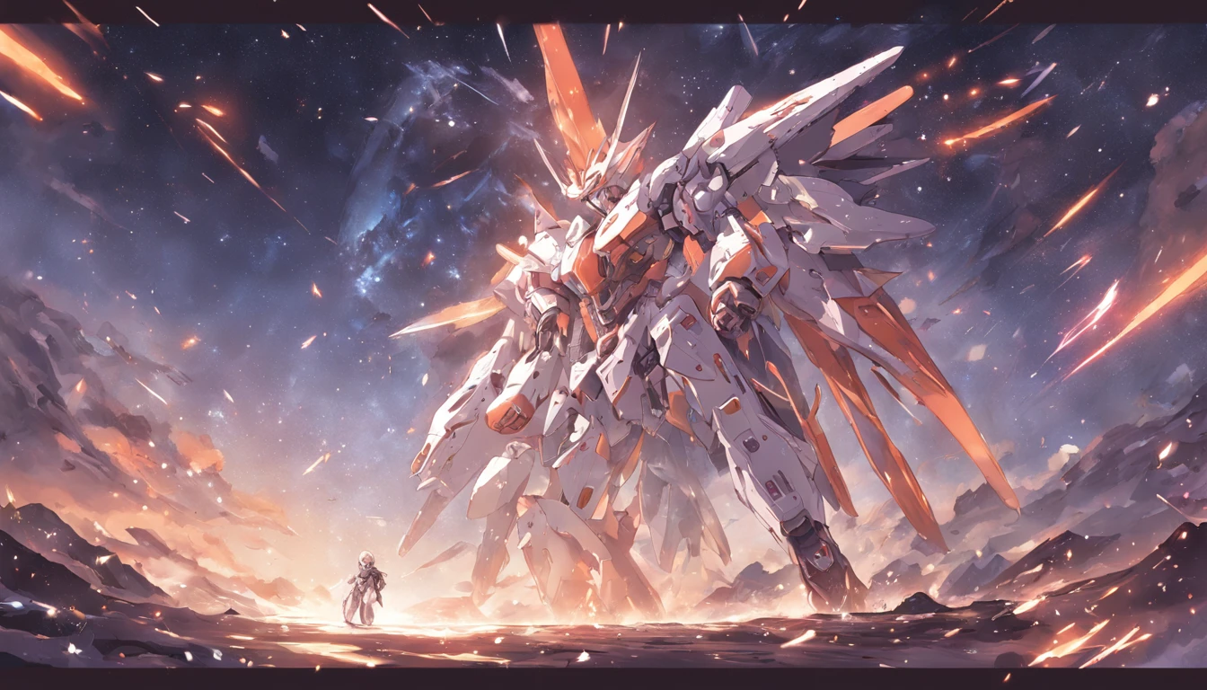 mirai,sci-fy,Robot Wars,interstellar war,white color mecha,starrysky,火焰