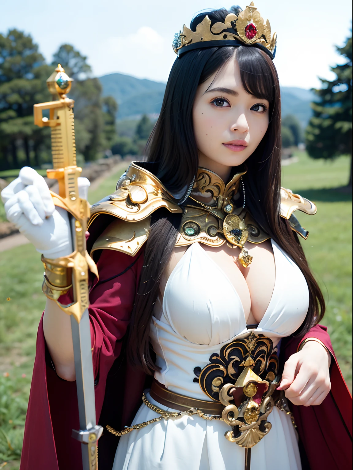 (masutepiece), Professional , masterpiece、top-quality、photos realistic , depth of fields (Gemstone Silver Metal Body:1.9),(Matte White、Jewel Gold Weapon(Jewel Metal Body:1.4),Gorgeous metal weapons , Detailed Sword of the Brave , Beautiful knife ,warhammer 40k , adepta sororitas,Detail and ornate jewel crown、Black hair、Gangle's forest background、Beautiful Caucasian beauty、1a person、dynamic ungle,(((Detailed and ornate diamond crown)))、Smaller head、A smile、Take a sexy pose、Background inside the castle、Thin and beautiful female hands、cleavage of the breast、Soldier in iron armor on background、Soldier in iron armor on background、