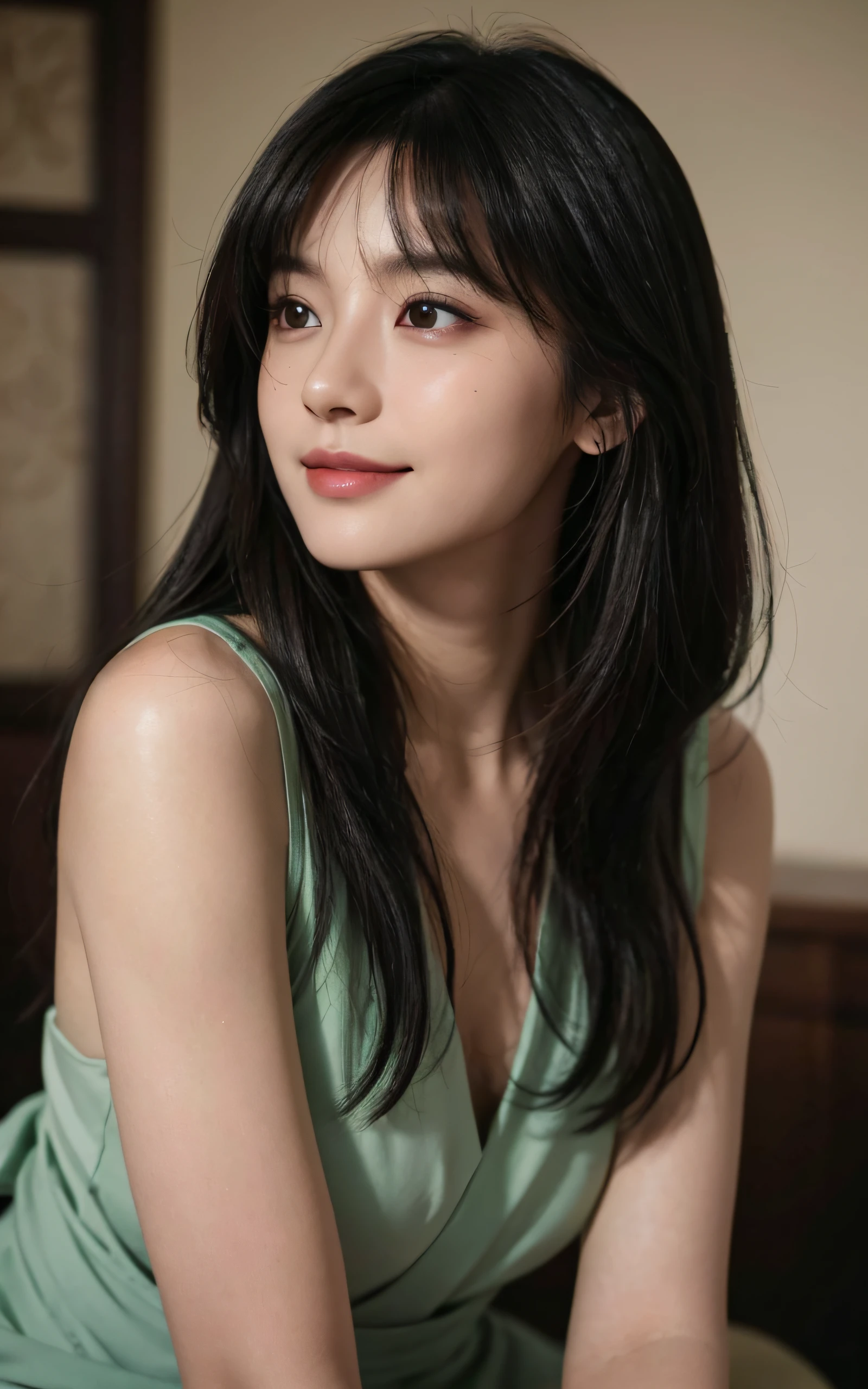 Masterpiece, best picture quality, high quality, beautiful woman, Japanese, detailed, swollen eyes, detailed eyes, detailed skin, beautiful skin, ultra high resolution, (reality: 1.4),very beautiful, slightly younger face, beautiful skin, slender, (ultra realistic), (illustration), (high resolution), (8K), (very detailed) (best illustration), (beautifully detailed eyes), (super detailed), (wallpaper), (detailed face), looking at viewer, fine details, detailed face, smiling, looking straight ahead, looking straight ahead, angle from waist up, realistic photo, bright lighting, professional lighting, black hair (some of hair part green), long hair,  mature woman, long stylish bangs,