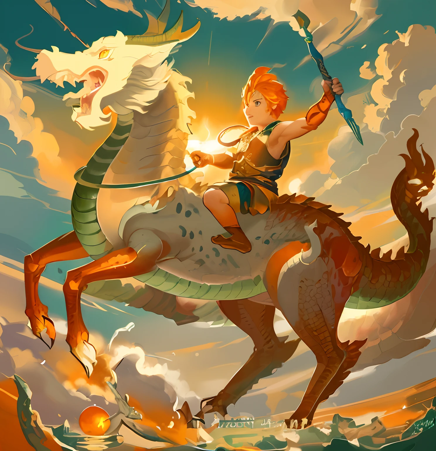 Drawing of a boy riding a dragon with a spear in her hand, In the evening water, The sun is orange......., Dragon Rider, Dragon Ride, android jones and rhads, Jesus rides a dragon, Chubby vs Dragon. passenger, Epic full color illustration, Children's art in art, epic fantasy digital art style, by Adam Marczyński, digital painting greek mythology, Dragon Riding Boy
