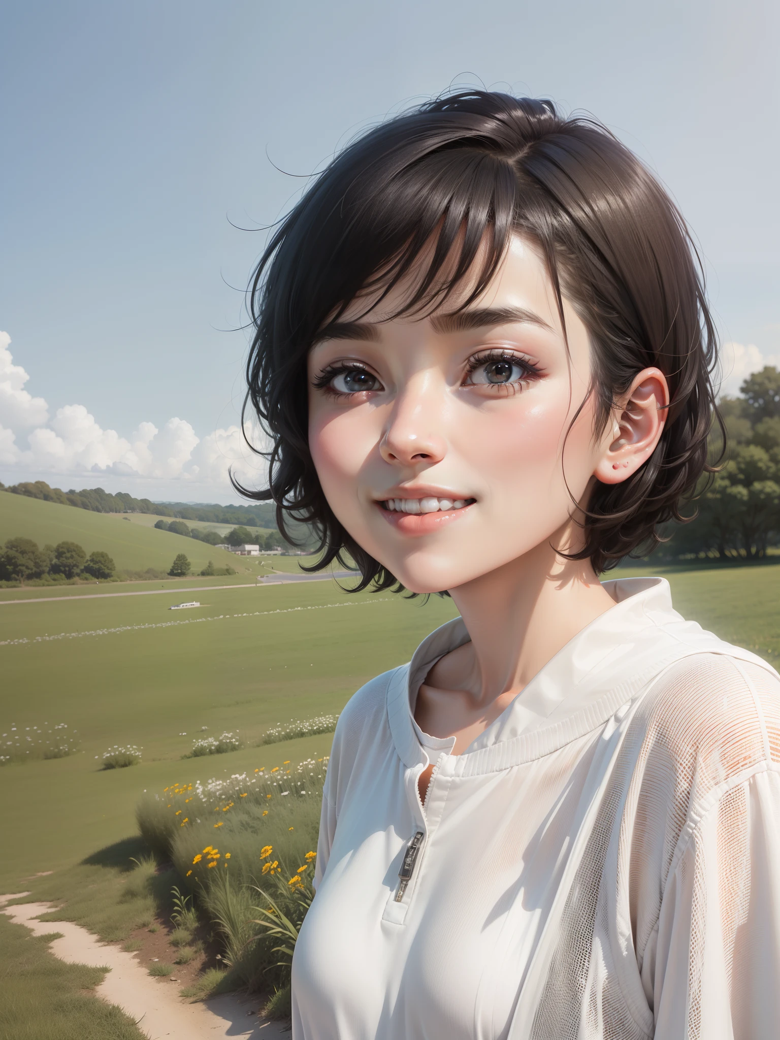 Portrait of a person, light smile, cute, short hair, black hair, outdoors, white clothes, anime style, original photo, best quality --auto --s2