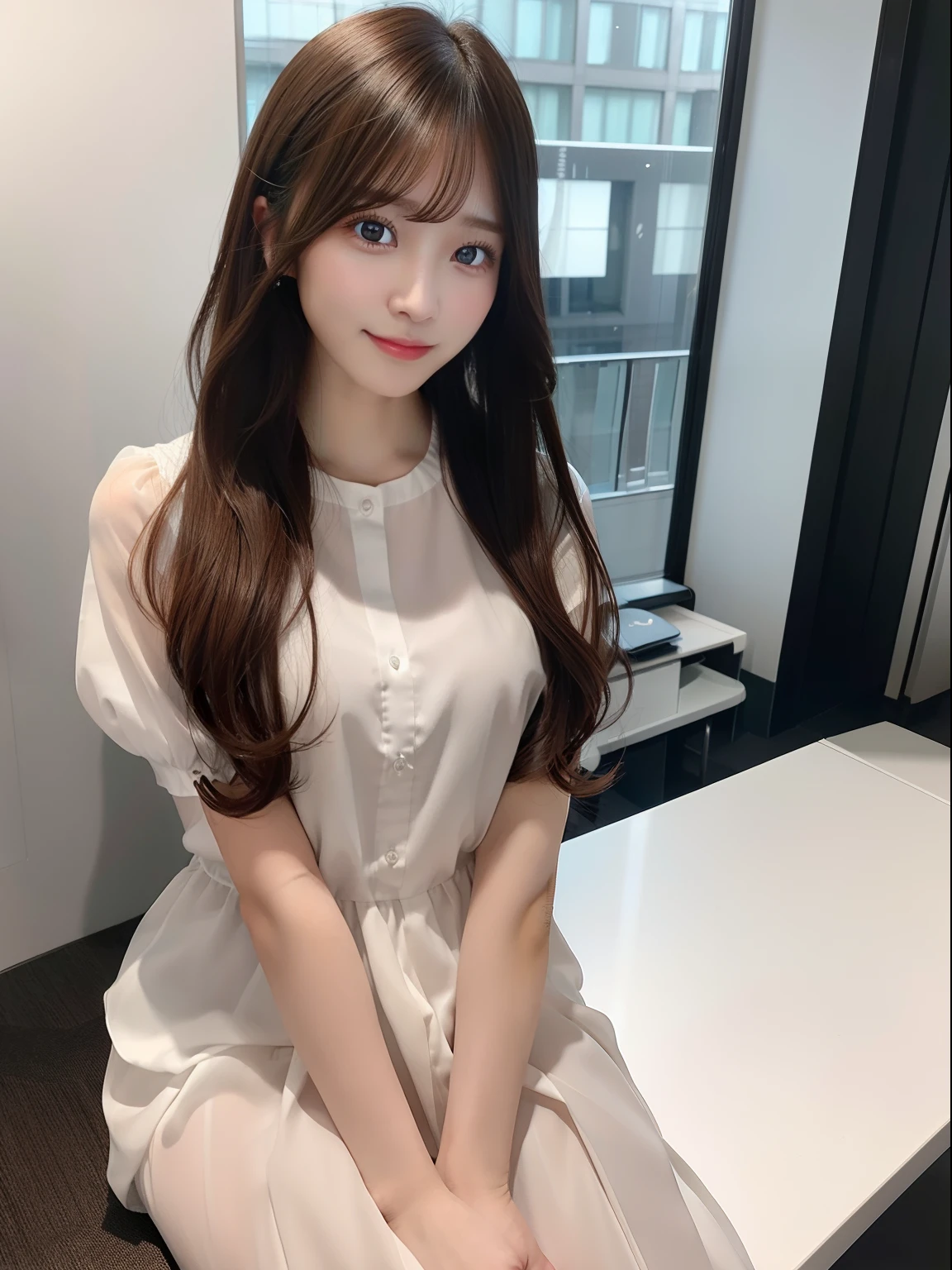 One girl sitting on a chair in office、top-quality、Beautiful fece、Beautiful fece、Stylish details、nffsw、Unity、8k wallpaper、magnifica、Stylish details、Beautiful fece、top-quality、Official art、Detailed AJC Unity 8K Wallpapers、absurderes、unholy、unbelievable Ridiculous、huge filesize、A highly detailed、Girl with beautiful details、extremely detailed eye and face、beautidful eyes、Brown eyes、（Raw photography、top-quality）、（真实感、真实感：1.3）、Light on the Face、1 girl in、full body Esbian、The whole body is reflected、Beautiful fingertips、Blouse with short sleeves、selphie、selfee、fully body photo、（Business suits、Gentleman's clothes、pantyhose、Office Coordination、real  face、tight skirts）、（dark brown hair：1）、Lightly curls the long hair under the chest、Puffy eyes、tiny chest、breasts are small、breasts are modest,、A slender、bangss、（background against the wall）、（relax）、Doing work、looking at the spectator、Facing the wall forward、With a smile、Cool、