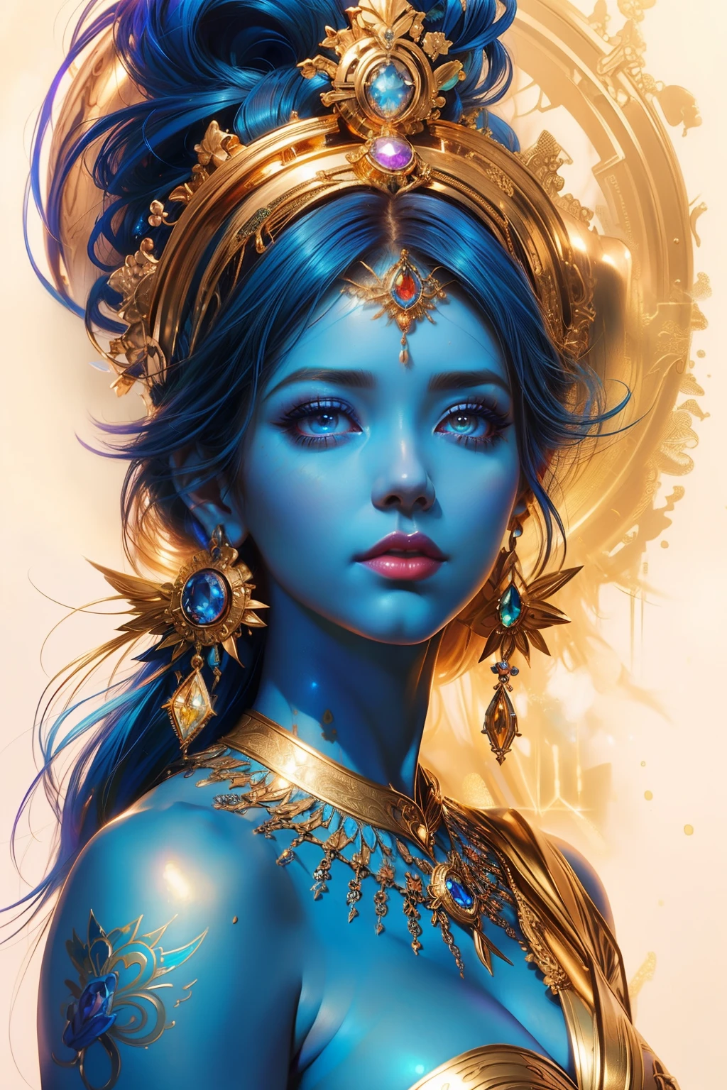 Close up portrait of woman with blue makeup and gold jewelry, artgerm detailed, artgerm julie bell beeple, ArtGerm is colorful!!!, very detailed Artgerm, featured on artgerm, Goddess. extremely high detail, trending artgerm, ArtGerm. high detailing, wlop | ArtGerm, artgerm art