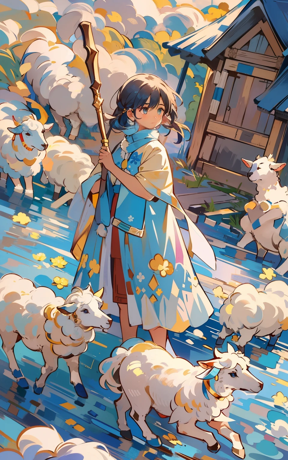 A shepherd girl in the blue sky and steppe: In the vast blue sky steppe,A shepherd girl dressed in a shepherd's costume,Shepherd's stick in his hand,The eyes reveal tenderness and love。She leads a flock of sheep to run freely across the steppe,The whole scene is full of nature and tranquility。