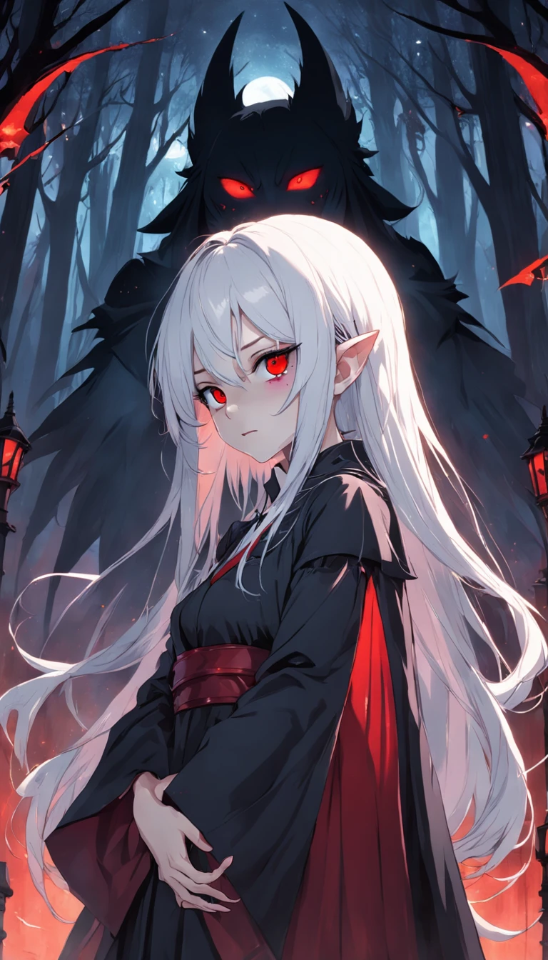 borgar,laughingly,a black cloak,Vampires,the elf,Long white hair,eventide,red color eyes