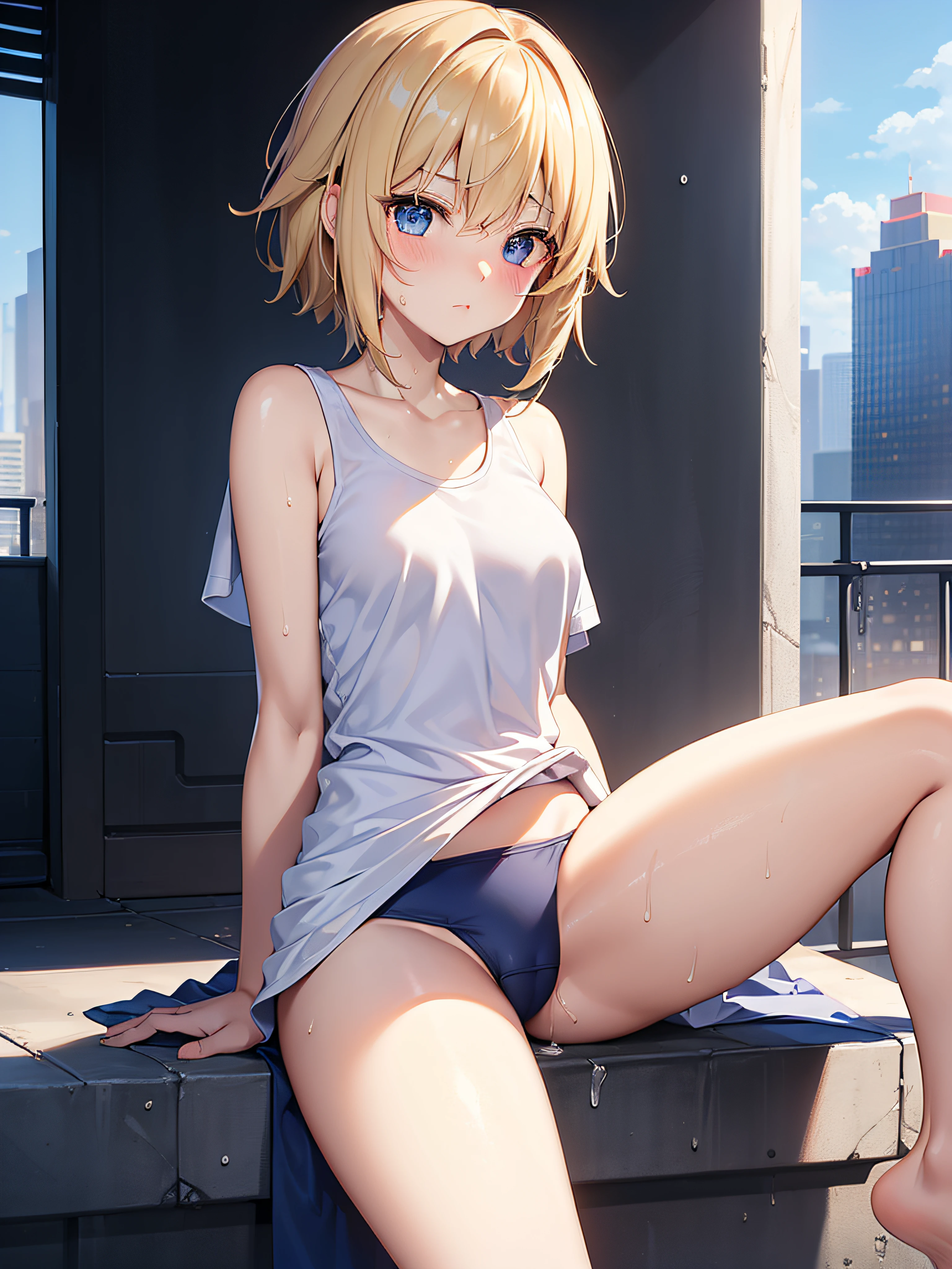 (​masterpiece:1.5), very detailed face and eyes, (Photorealsitic:1.2)、 (FULL BODYSHOT:0.5)、ultra-quality、ultra-detailliert、Perfect drawing、animesque、charming anime girls,、beautiful alluring anime woman、Smooth Anime CG Art、独奏、1girl in、Naked Beauty、(jeanne d'arc (Fate Grand Order))、cowboy  shot、(Since a while ago:1.5)、posture with protruding chest,、(legs wide open)、(Opening legs:1.5)、((middlebreast：2.0))、(((School swim wear)))、navy blue、thin cloth、bare-legged、(No panties 、No bra)、embarassed expression、Blue eyes、Moisturized eyes、red blush、Light from the front、Right ahead、clearface、The pubic area is clearly visible、((Areola showing through))、((Sweat))、slender、((a blond))、Sexy face、((Layered Hair Style、Medium Breath:1.2))、(short-hair)、The angle of movement、Sense of speed、lumnious、(deep in the night)、Skyscrapers、(in poolside)、On the roof of the school building、Poses to show off、sunny sky、Accurate drawing、meticulous drawing、Beautiful background、Urban cityscape、Motion blur effect