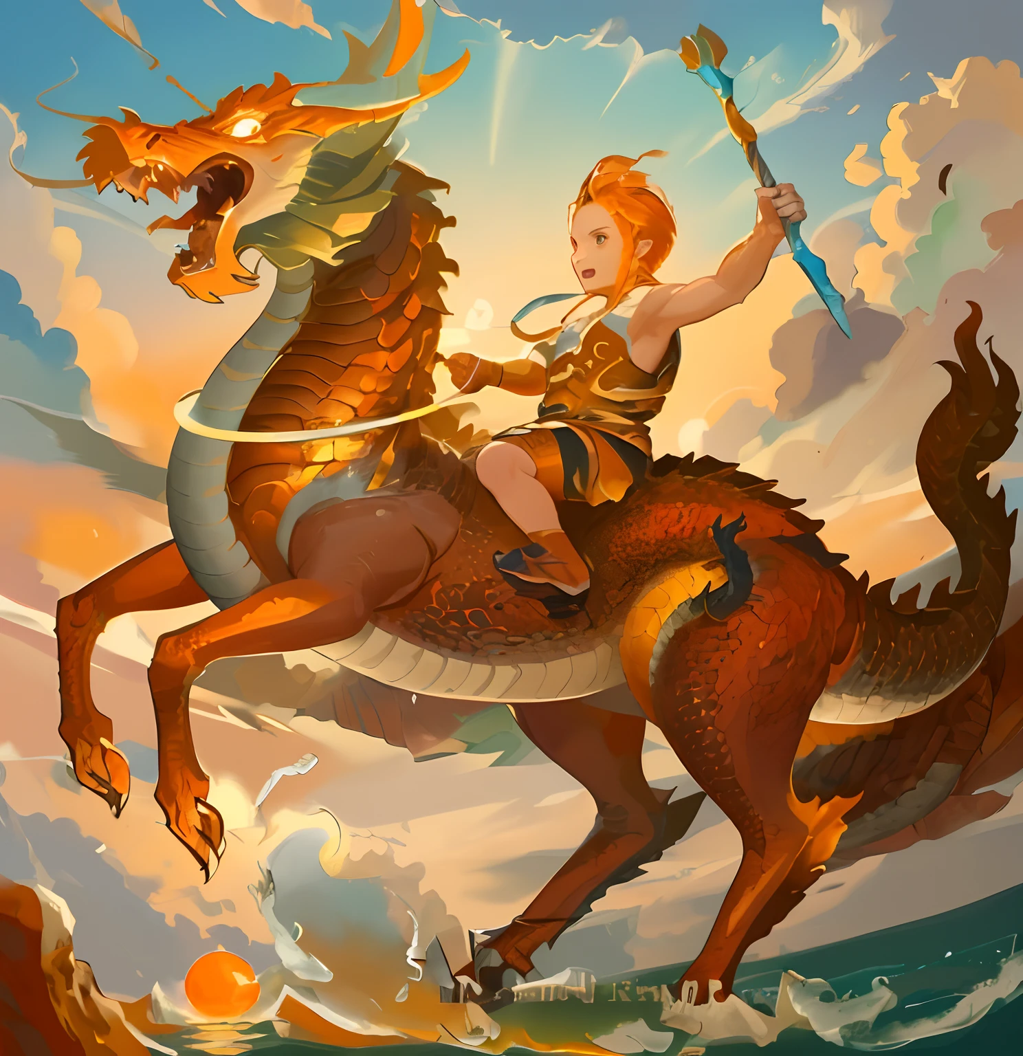 Drawing of a boy riding a dragon with a spear in her hand, In the evening water, The sun is orange......., Dragon Rider, Dragon Ride, android jones and rhads, Jesus rides a dragon, Chubby vs Dragon. passenger, Epic full color illustration, Children's art in art, epic fantasy digital art style, by Adam Marczyński, digital painting greek mythology, Dragon Riding Boy