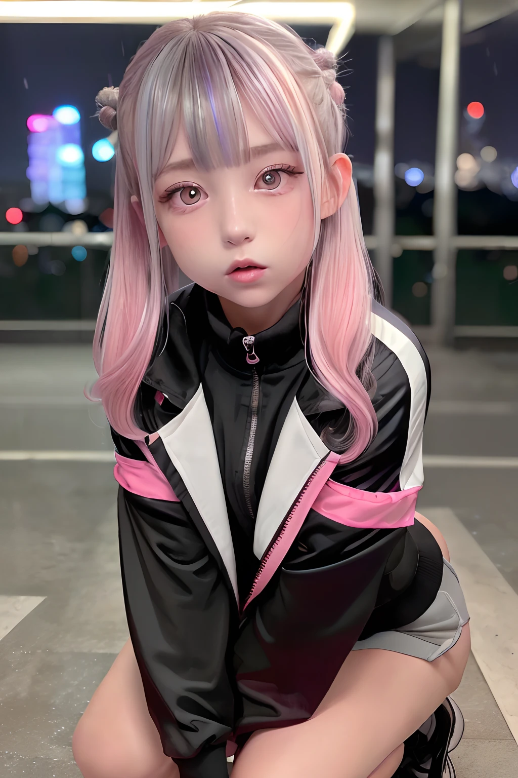 Track jacket、Jersey、Golden and black and light blue and silver and pink hair、O cabelo multicolorido、Photorealsitic, hight resolution, Heterochromia eyes, small moles under eyes、bob cuts、Blunt bangs、Lucy\(cyberpunked\), 1girl in, hair scrunchie, hime-cut, silber hair, Color Chip, fullmoon, grey  eyes, white  shirt, Black tie、Black shorts、long-sleeve, (Look at viewers), Medium Hair, O cabelo multicolorido, Bangs parting, cparted lips, A pink-haired, Red Eyeliner, red-lips, 独奏, White jacket, cyberpunked\(Series\), Rainy night in cyberpunk city with glowing neon lights,frombelow, yes、all-fours、Huza