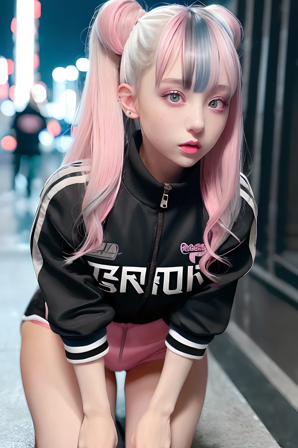 Track jacket、Jersey、Golden and black and light blue and silver and pink hair、O cabelo multicolorido、Photorealsitic, hight resolution, Heterochromia eyes, small moles under eyes、bob cuts、Blunt bangs、Lucy\(cyberpunked\), 1girl in, hair scrunchie, hime-cut, silber hair, Color Chip, fullmoon, grey eyes, white shirt, Black tie、Black shorts、long-sleeve, (Look at viewers), Medium Hair, O cabelo multicolorido, Bangs parting, cparted lips, A pink-haired, Red Eyeliner, red-lips, 独奏, White jacket, cyberpunked\(Series\), Rainy night in cyberpunk city with glowing neon lights,frombelow, yes、all-fours、Huza