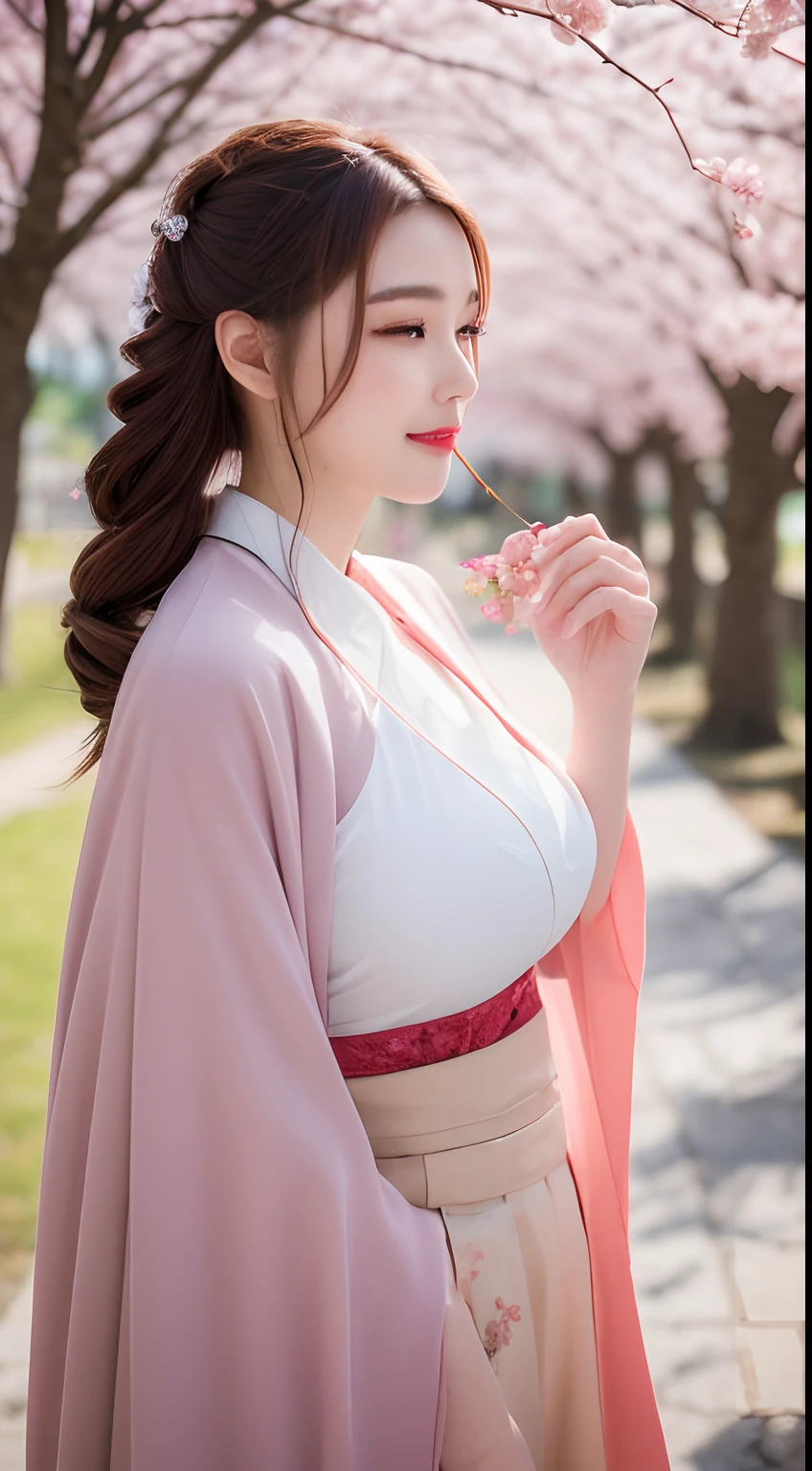 ((Best Picture Quality, 8k, tmasterpiece:1.3)), 1girl, Beautiful woman with slender abs:1.3, (Casual hairstyle, No leakage of big breasts:1.2), Sakura Hanfu:1.1, Ultra-fine face, A detailed eye, 二重まぶた,ssmile,Cherry blossoms falling in the background,tattoo, jewelry, Hanfu, Cloak, cherry blossom, brown hair, Catch the audience's eye