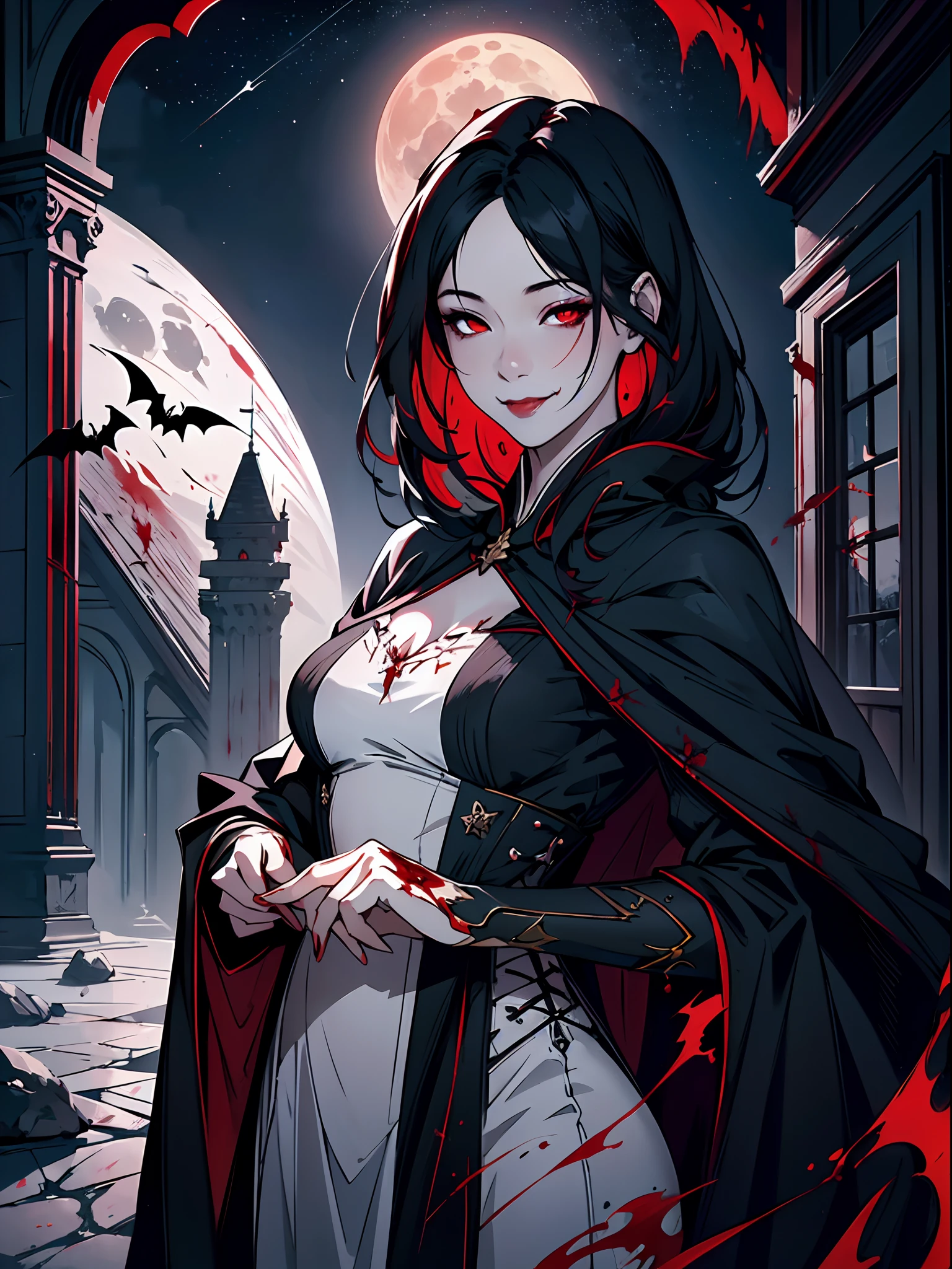 A delicate and beautiful picture of a female vampire standing on the porch of a castle under the stars, Dynamic angle super delicate face, blood in face，Hyper-feminine, gray colored skin, Red hair, (A charming smile:1.5)， (Blood flowed from the corners of his mouth:1.5)，dark red lips，The eyes glow red and glowing, （Wearing a white dress covered in blood：1.5）, long black cape,upperbody shots, star filled sky background, Moon, Bats fly around, High details, Best quality, 8K, Masterpiece, Best quality, (Ultra detailed), Photorealism, dark fantasy art