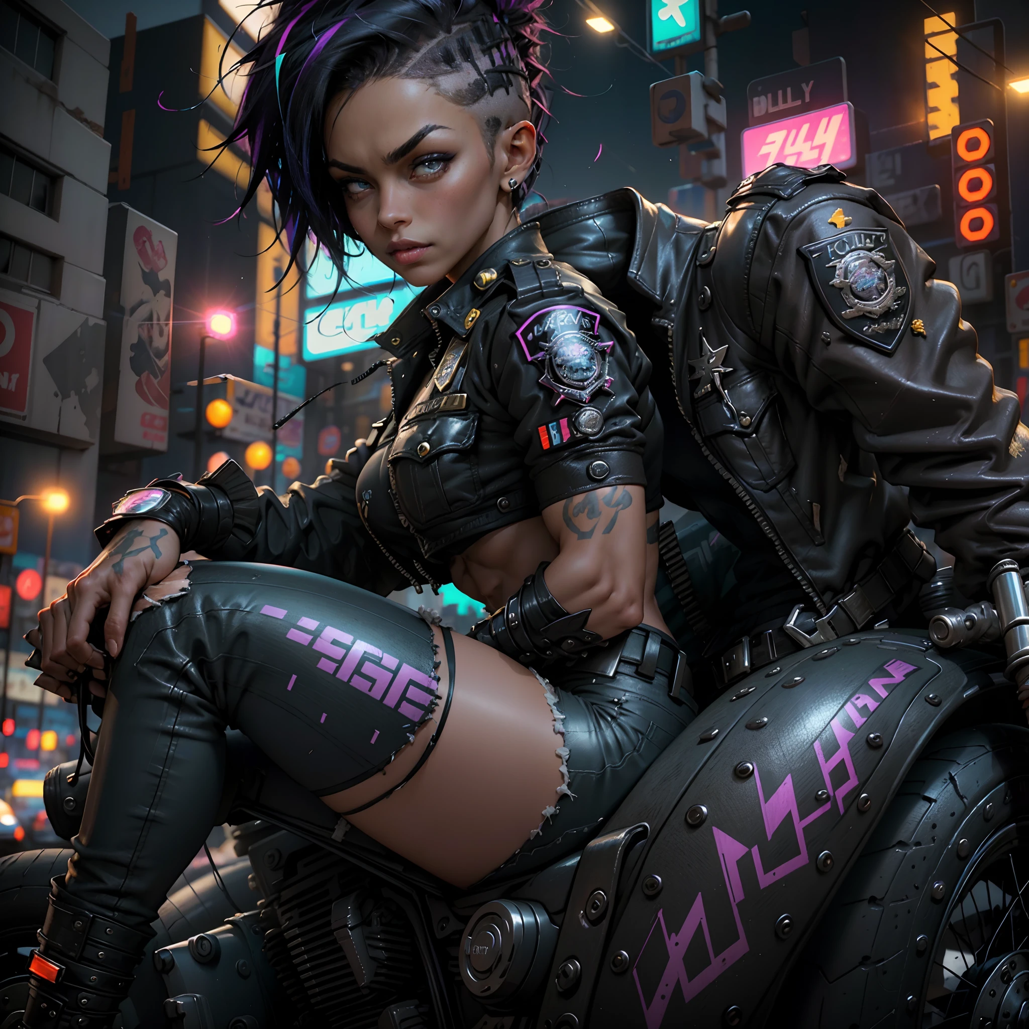 Beautiful woman 1female with punk hair style in a police cap, Short sexzy police clothes in the style of cyberpunk police, Tanned dusky Skin, It looks contrasting, good anatomy, Muscles are drawn, sitting with futurasric bike full mechanism and jeep,The morning sky is overcast, in the background ((nighttime)) Colorful Neon City, wet asphalt, doodle effect