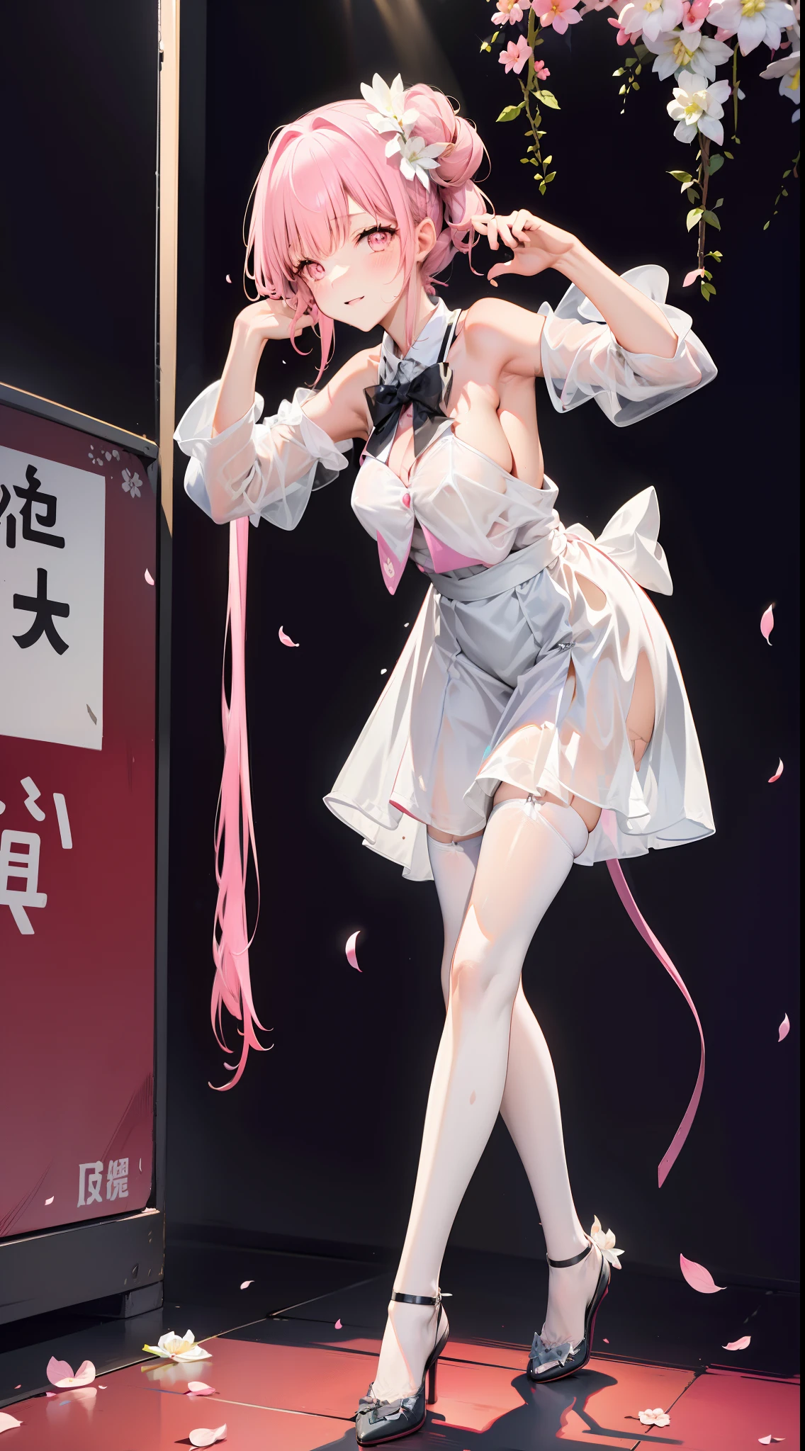 one-girl,Full body in camera,full bodyesbian,D cup,huge tit,(tmasterpiece),(best qualtiy),(A pink-haired,long whitr hair:2,White flower decoration,White hairpin),(White suspender stockings,over knee socks,Full body pantyhose),Suspenders,White silk pleated skirt,White silk shirt,a black bowtie,Bare back,Shoulders exposed,Chest exposure,Bend over and stand,leaning-forward,(panties are visible:1.5,White panties,Silk panties),鎖骨,tilts your head,(cuteexpression,ssmile,Playful),(Be red in the face,putting makeup on, Blushlush),(Pink heels,Pink cherry blossom decoration),SakuraNS, the night,alleys,Pink streamers,Top lighting,16k,High- sharpness,high qulity,wide wide shot,Bright colors,Exquisite hand details,Exquisitehands,Cowboy perspective,