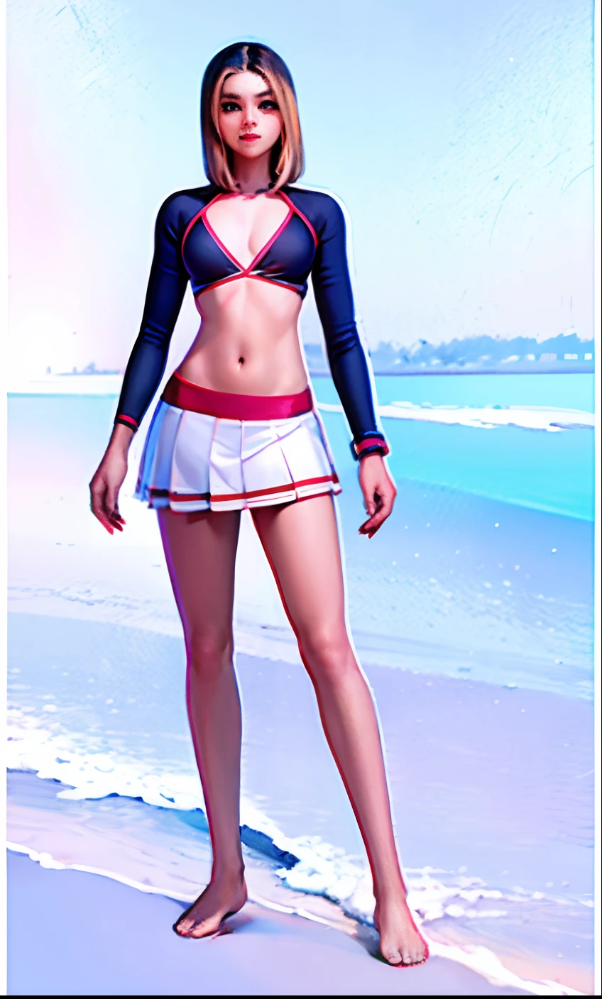 Cartoons of a woman in a bikini and tennis skirt, traje: sbikini, is wearing a swimsuit, roupa feminina, anime vtuber modelo de corpo inteiro, Estilo de pista Azur, meninas estilo linha de frente, Realistic bikini, design de roupa clara, white skirt and barechest, usando uma regata e saia, meu vestido queridinho anime, detalhes finos. meninas da linha de frente