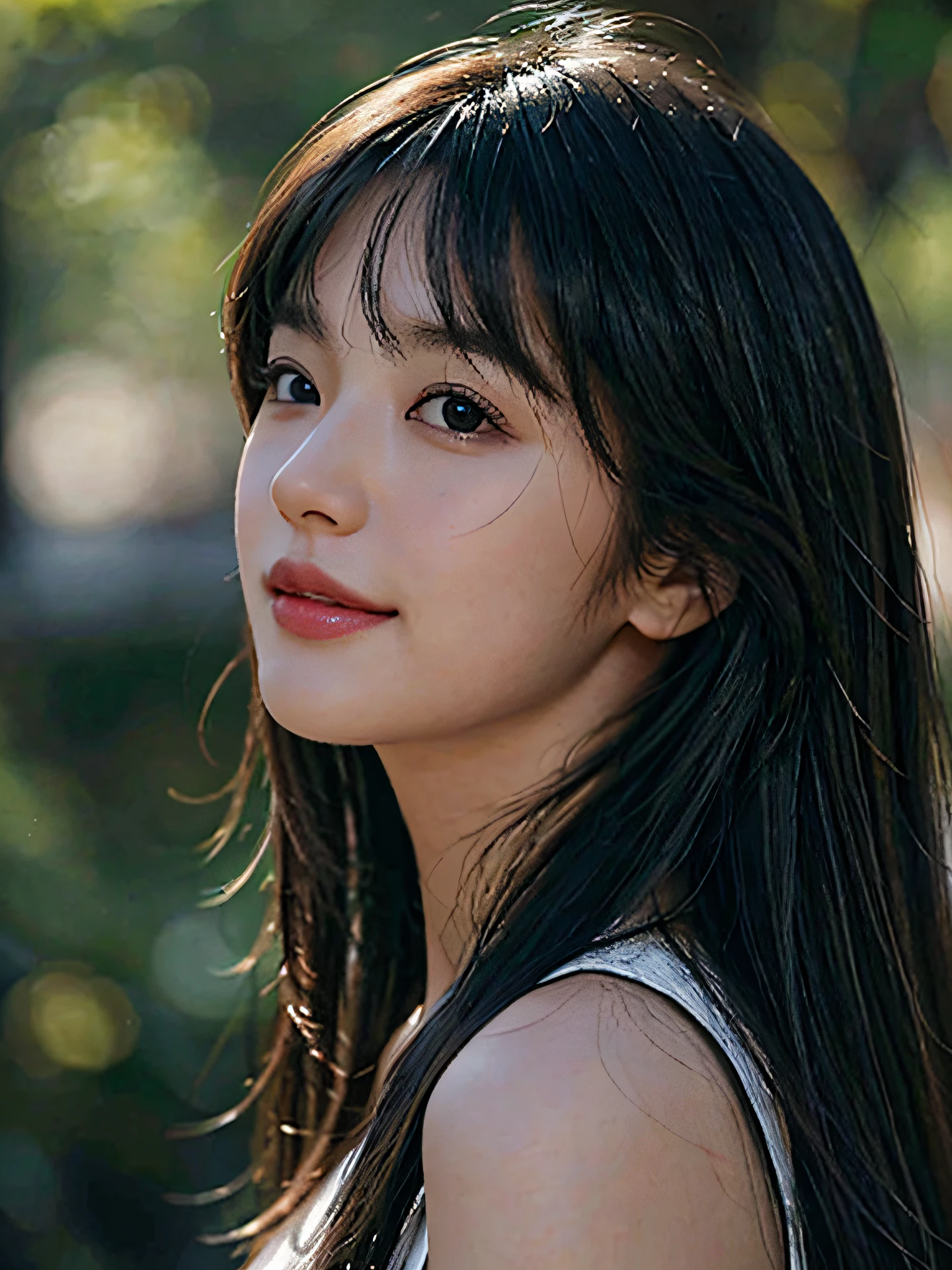 Masterpiece, best picture quality, high quality, beautiful woman, Japanese, popular Korean makeup, detailed, swollen eyes, detailed eyes, detailed skin, beautiful skin, ultra high resolution, (reality: 1.4),very beautiful, slightly younger face, beautiful skin, slender, (ultra realistic), (illustration), (high resolution), (8K), (very detailed) (best illustration), (beautifully detailed eyes), (super detailed), (wallpaper), (detailed face), looking at viewer, fine details, detailed face, pureerosfaceace_v1, smiling, looking straight ahead, looking straight ahead, angle from waist up, realistic photo, bright lighting, professional lighting, black hair (some of hair part green), long hair, dark ruins, big red moon, gorgeous red and black dress, mature woman, long stylish bangs,