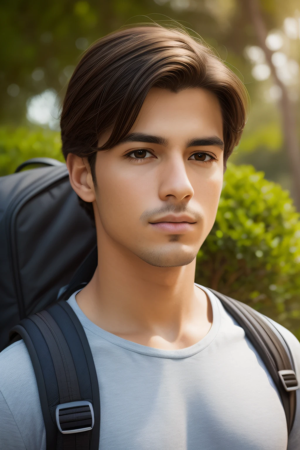 There is a man with a backpack in front of a bush, estilo de arte realista, realismo artstyle, estilo de arte fotorrealista, pintura digital realista, Realistic portrait, rosto realista detalhado, foto retrato realista, estilo fotorrealista, imagem realista, retrato realista da foto, desenho digital realista, rosto detalhado realista, autorretrato realista, bonito impressionante realista, retrato de alta qualidade