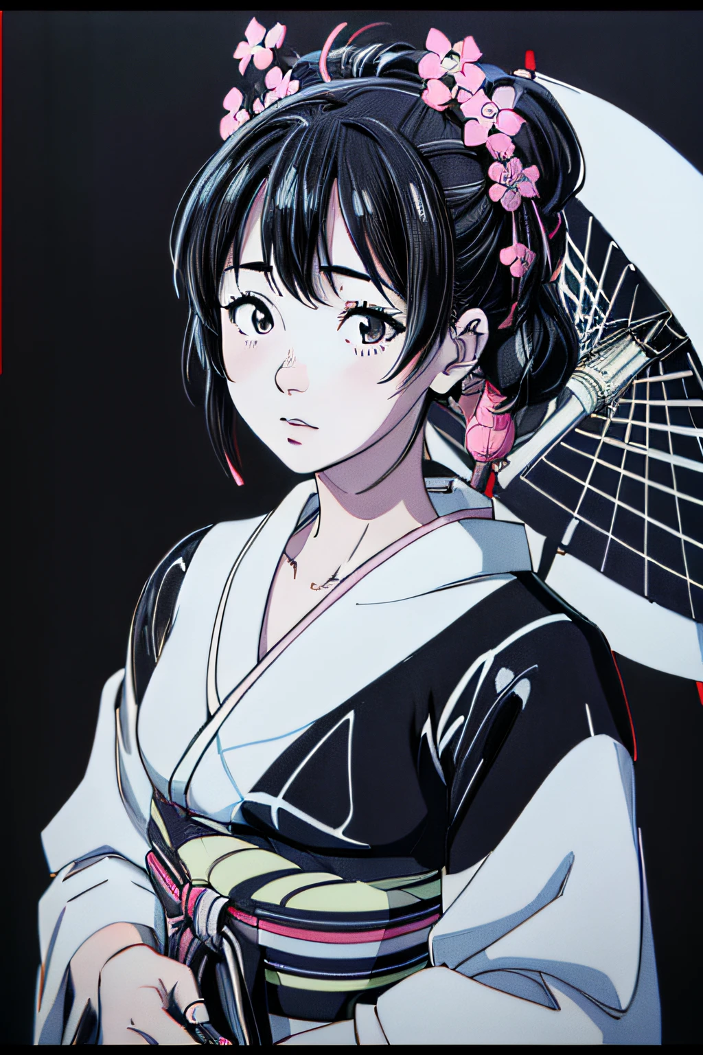 jpn_hi-school girl、Kimono,ink art、((top-quality、8K、masterpiece:1.3))、(Clear focus:1.2)、(comic book style),(Pop),(linear art_Anime)、(PastelColors:1.2),((monotone_High Contrast Art:1.2))、flat chest、(the complex background:1.2),(Lola:add more details:1.2)、sharp outline、sharp lineart、Old Japan cityscape background