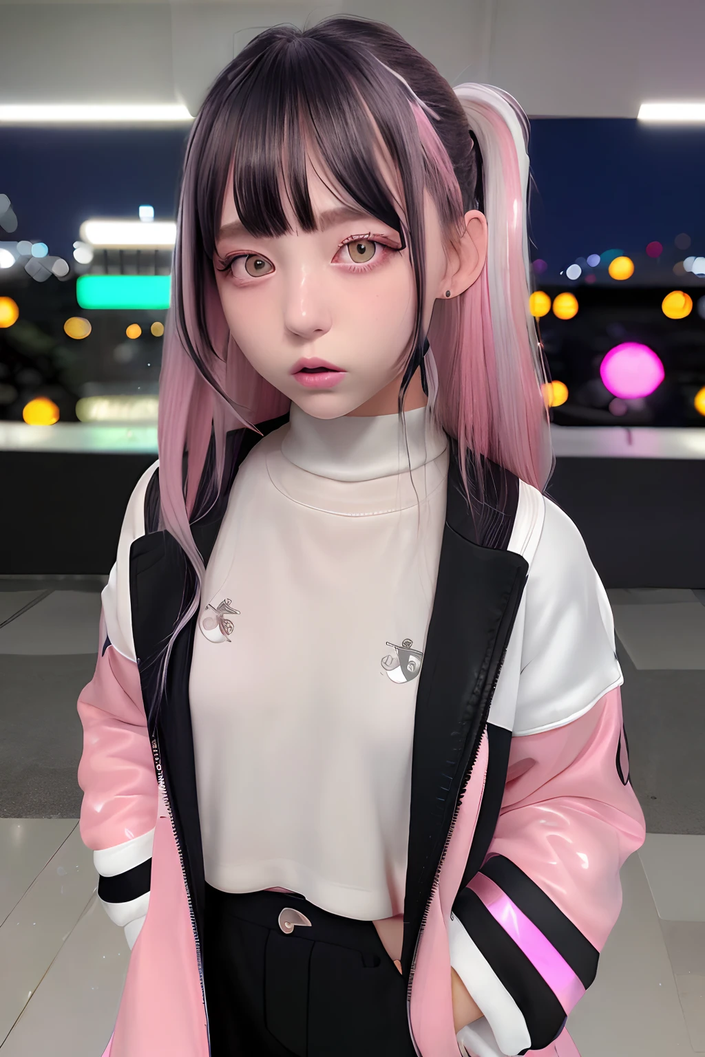 Track jacket、Jersey、Golden and black and light blue and silver and pink hair、O cabelo multicolorido、Photorealsitic, hight resolution, Heterochromia eyes, small moles under eyes、bob cuts、Blunt bangs、Lucy\(cyberpunked\), 1girl in, hair scrunchie, hime-cut, silber hair, Color Chip, fullmoon, grey  eyes, white  shirt, Black tie、Black shorts、long-sleeve, (Look at viewers), Medium Hair, O cabelo multicolorido, Bangs parting, cparted lips, A pink-haired, Red Eyeliner, red-lips, 独奏, White jacket, cyberpunked\(Series\), Rainy night in cyberpunk city with glowing neon lights,frombelow, yes、all-fours、Huza