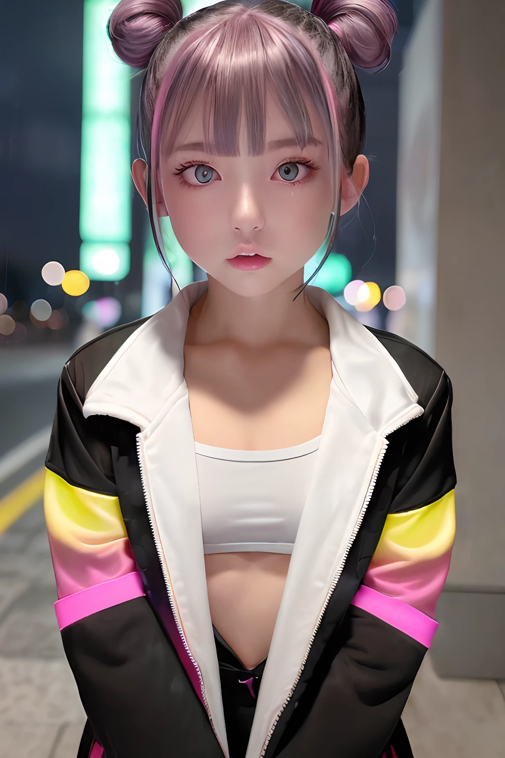Track jacket、Jersey、Golden and black and light blue and silver and pink hair、O cabelo multicolorido、Photorealsitic, hight resolution, Heterochromia eyes, small moles under eyes、bob cuts、Blunt bangs、Lucy\(cyberpunked\), 1girl in, hair scrunchie, hime-cut, silber hair, Color Chip, fullmoon, grey eyes, white shirt, Black tie、Black shorts、long-sleeve, (Look at viewers), Medium Hair, O cabelo multicolorido, Bangs parting, cparted lips, A pink-haired, Red Eyeliner, red-lips, 独奏, White jacket, cyberpunked\(Series\), Rainy night in cyberpunk city with glowing neon lights,frombelow, yes、all-fours、Huza