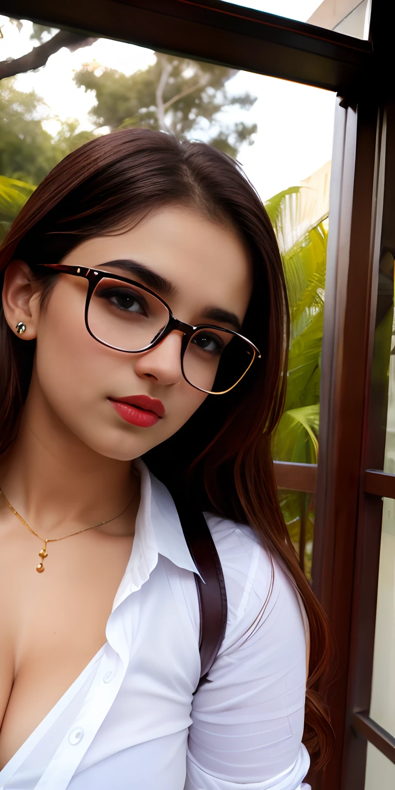 ((beautiful)+(attractive:0.9)+(sensual:1)) white indian 20years women ((nerd:0.9)+(lovely)+(clean skin)) with hazel eyes and red lips. Medium brown hair, ((intense eyes))
