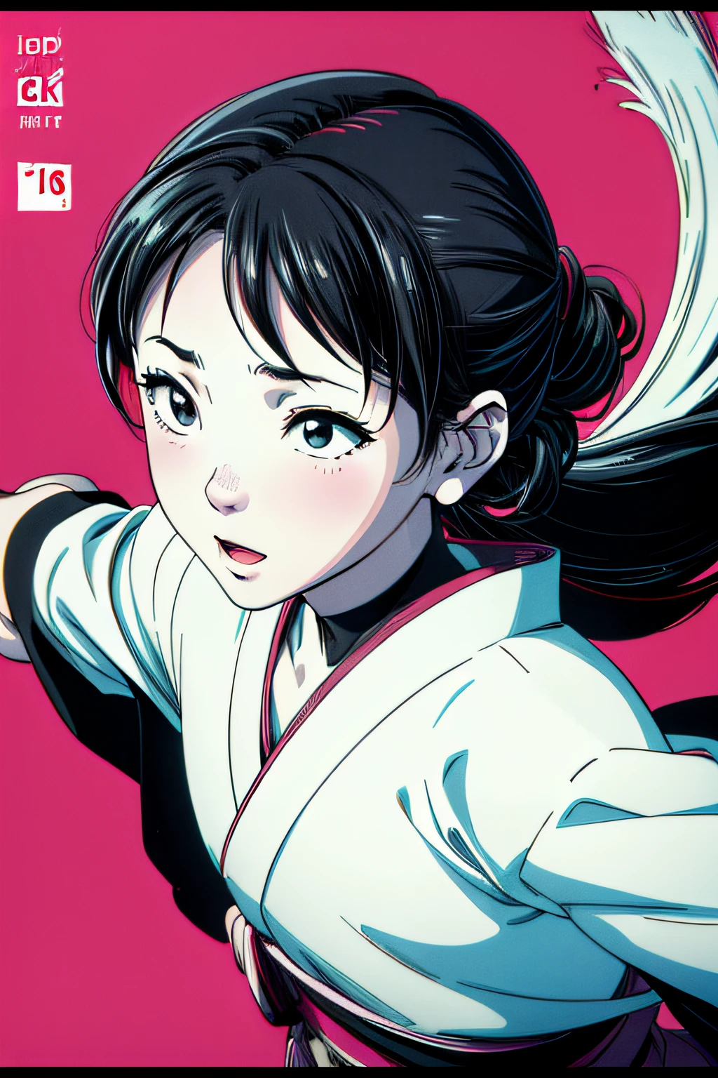 jpn_hi-school girl、Kimono,actionpose、cheerfully、Overflowing、ink art、((top-quality、8K、masterpiece:1.3))、(Clear focus:1.2)、(comic book style),(Pop),(linear art_Anime)、(PastelColors:1.2),((monotone_High Contrast Art:1.2))、flat chest、(the complex background:1.2),(Lola:add more details:1.2)、sharp outline、sharp lineart、Old Japan cityscape background