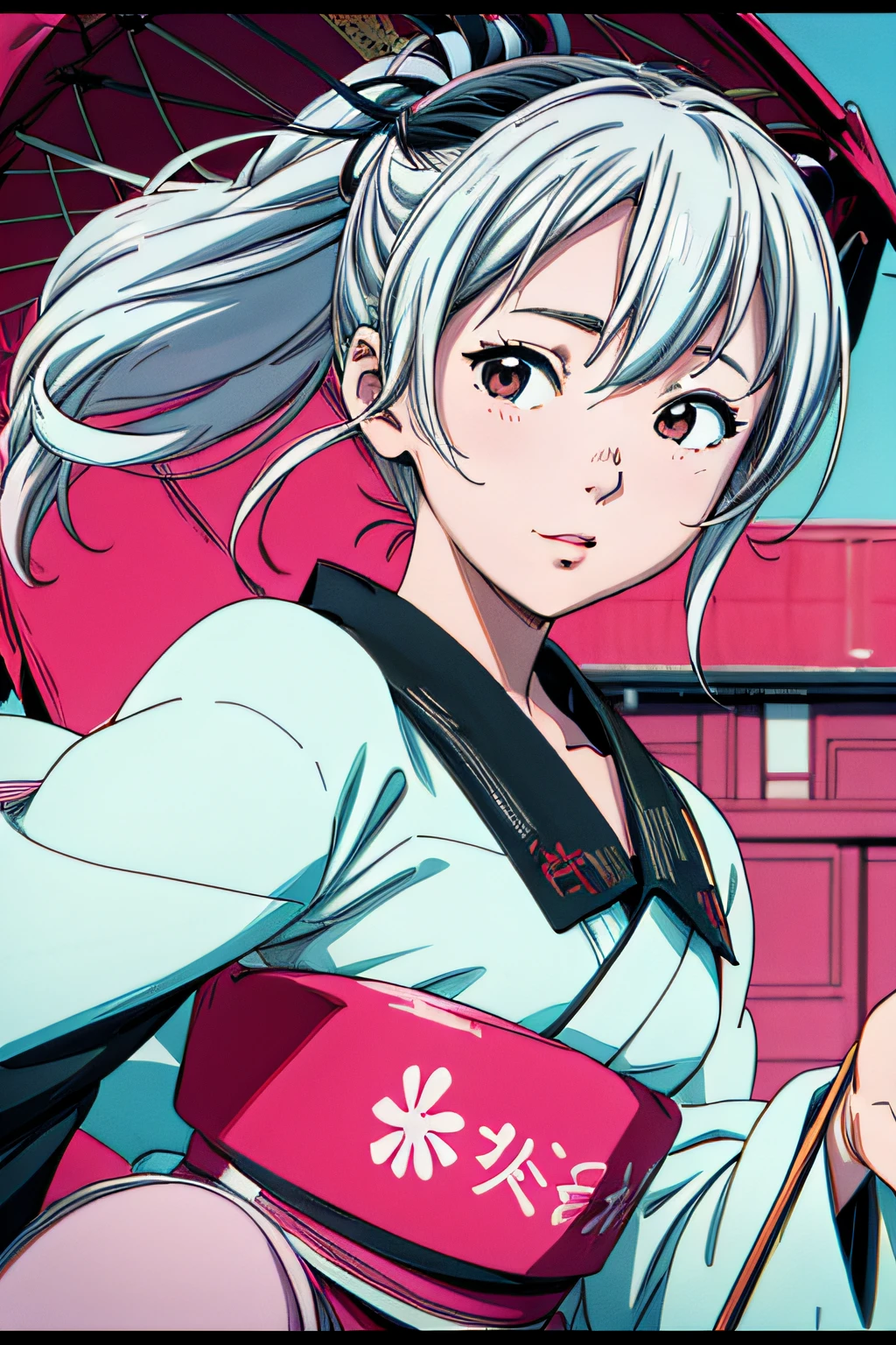 jpn_hi-school girl、Kimono,actionpose、cheerfully、Overflowing、ink art、((top-quality、8K、​masterpiece:1.3))、(Clear focus:1.2)、(comic book style),(Pop),(linear art_Anime)、(PastelColors:1.2),((monotone_High Contrast Art:1.2))、flat chest、(the complex background:1.2),(Lola:add more details:1.2)、sharp outline、sharp lineart、Old Japan cityscape background