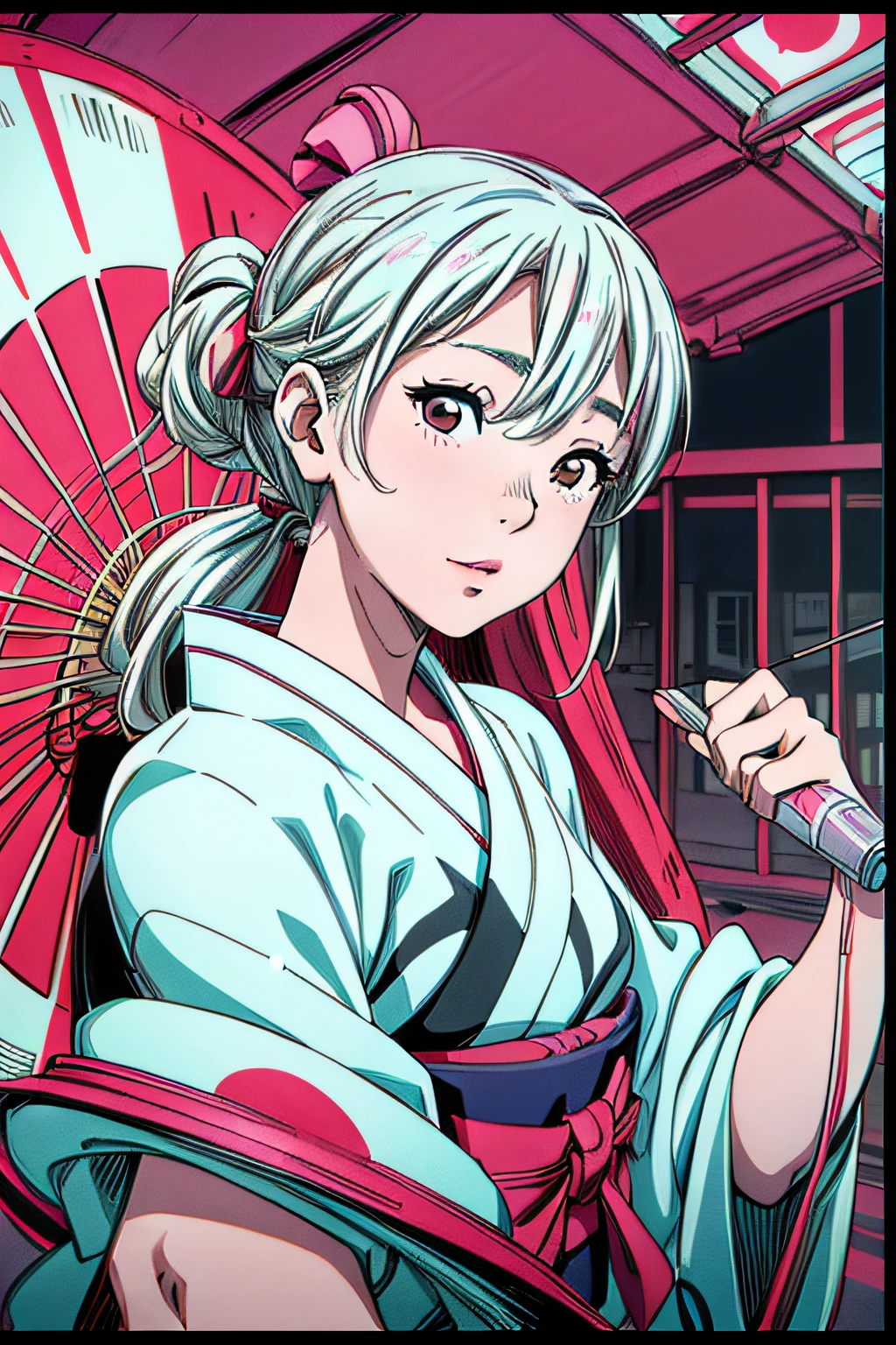 jpn_hi-school girl、Kimono,actionpose、cheerfully、Overflowing、ink art、((top-quality、8K、​masterpiece:1.3))、(Clear focus:1.2)、(comic book style),(Pop),(linear art_Anime)、(PastelColors:1.2),((monotone_High Contrast Art:1.2))、flat chest、(the complex background:1.2),(Lola:add more details:1.2)、sharp outline、sharp lineart、Old Japan cityscape background