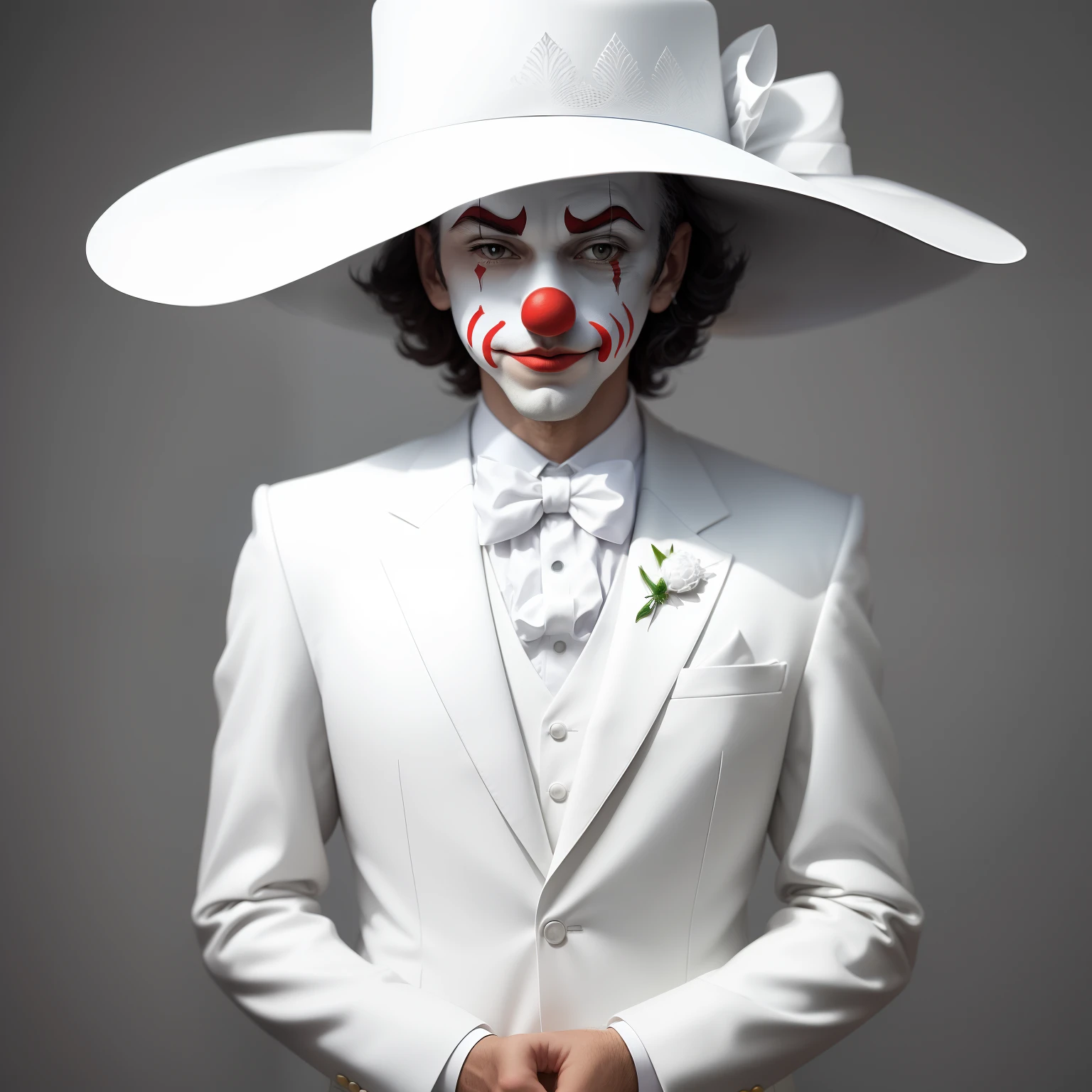 Minimalist photo of clown in white suit and hat. White filigree background,
