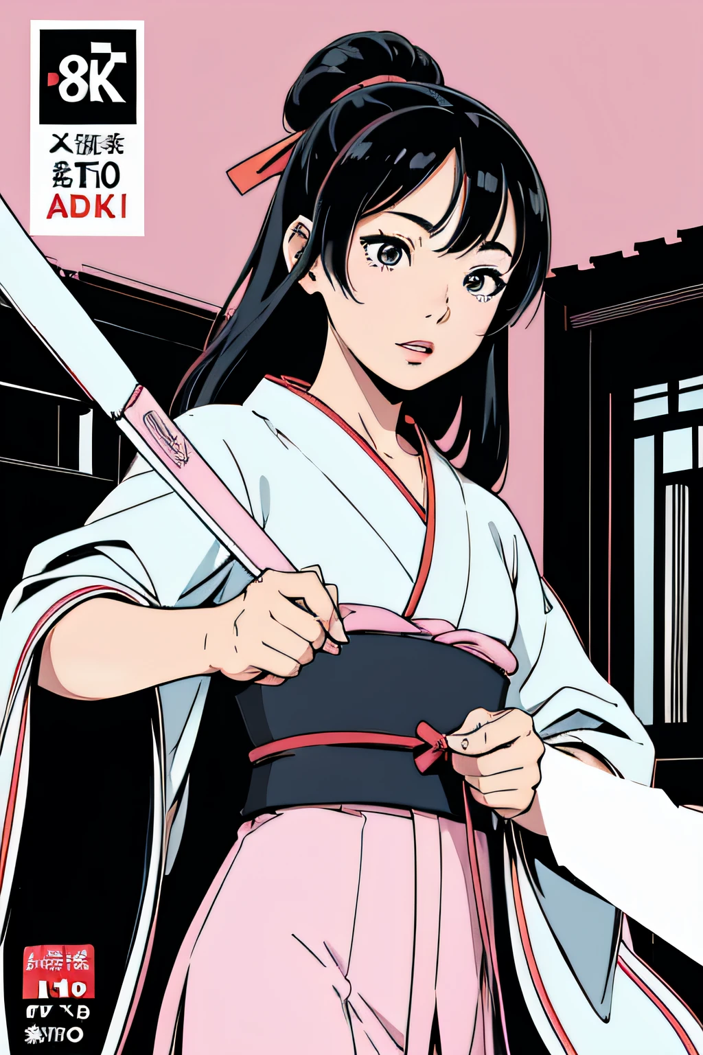 jpn_hi-school girl、Kimono,actionpose、cheerfully、Overflowing、ink art、((top-quality、8K、​masterpiece:1.3))、(Clear focus:1.2)、(comic book style),(Pop),(linear art_Anime)、(PastelColors:1.2),((monotone_High Contrast Art:1.2))、flat chest、(the complex background:1.2),(Lola:add more details:1.2)、sharp outline、sharp lineart、Old Japan cityscape background